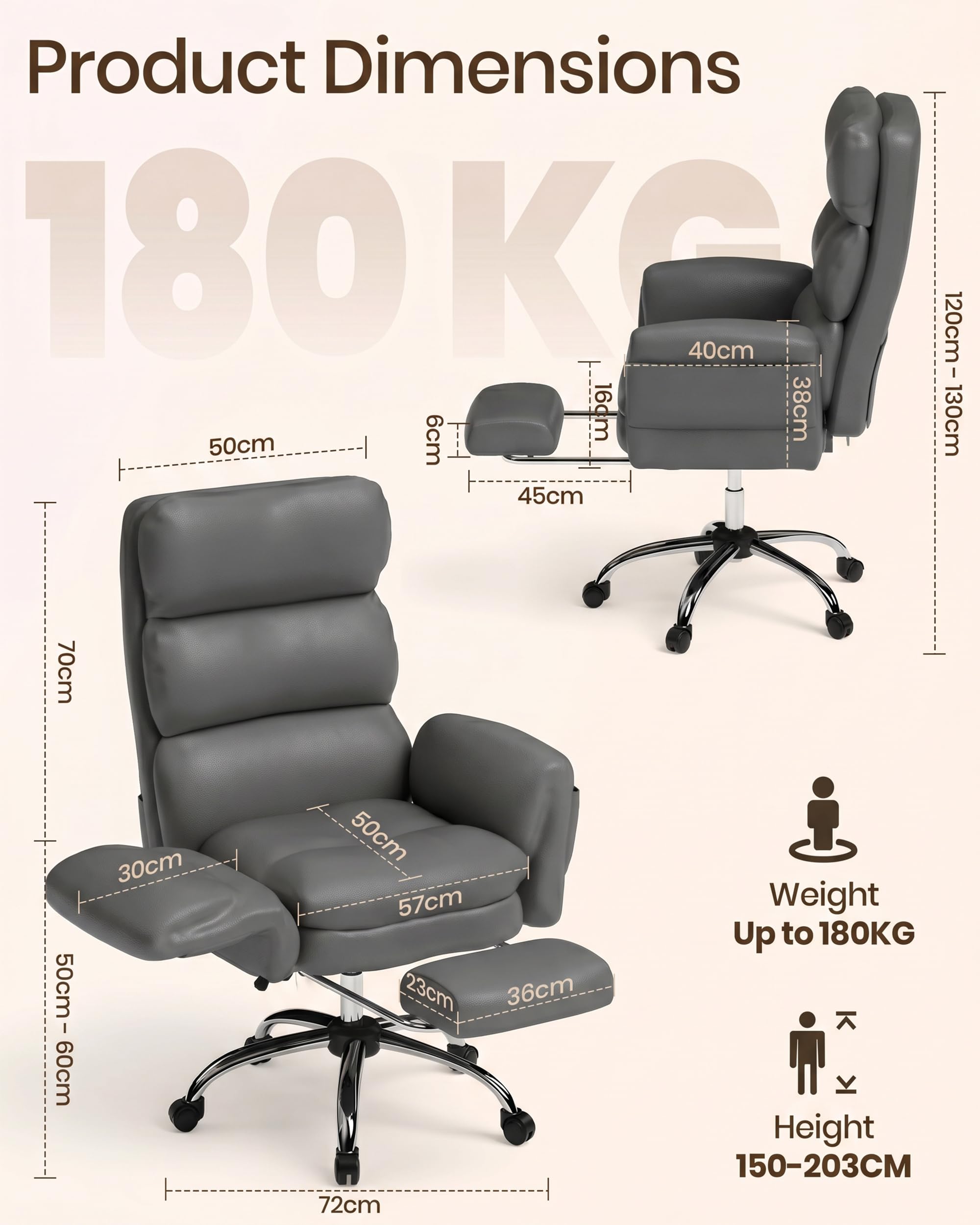 Executive Office Chair, Big and Tall Ergonomic Desk Chair with Foot Rest, Leather Grey, 71D x 71W x 121H centimetres - Image 2