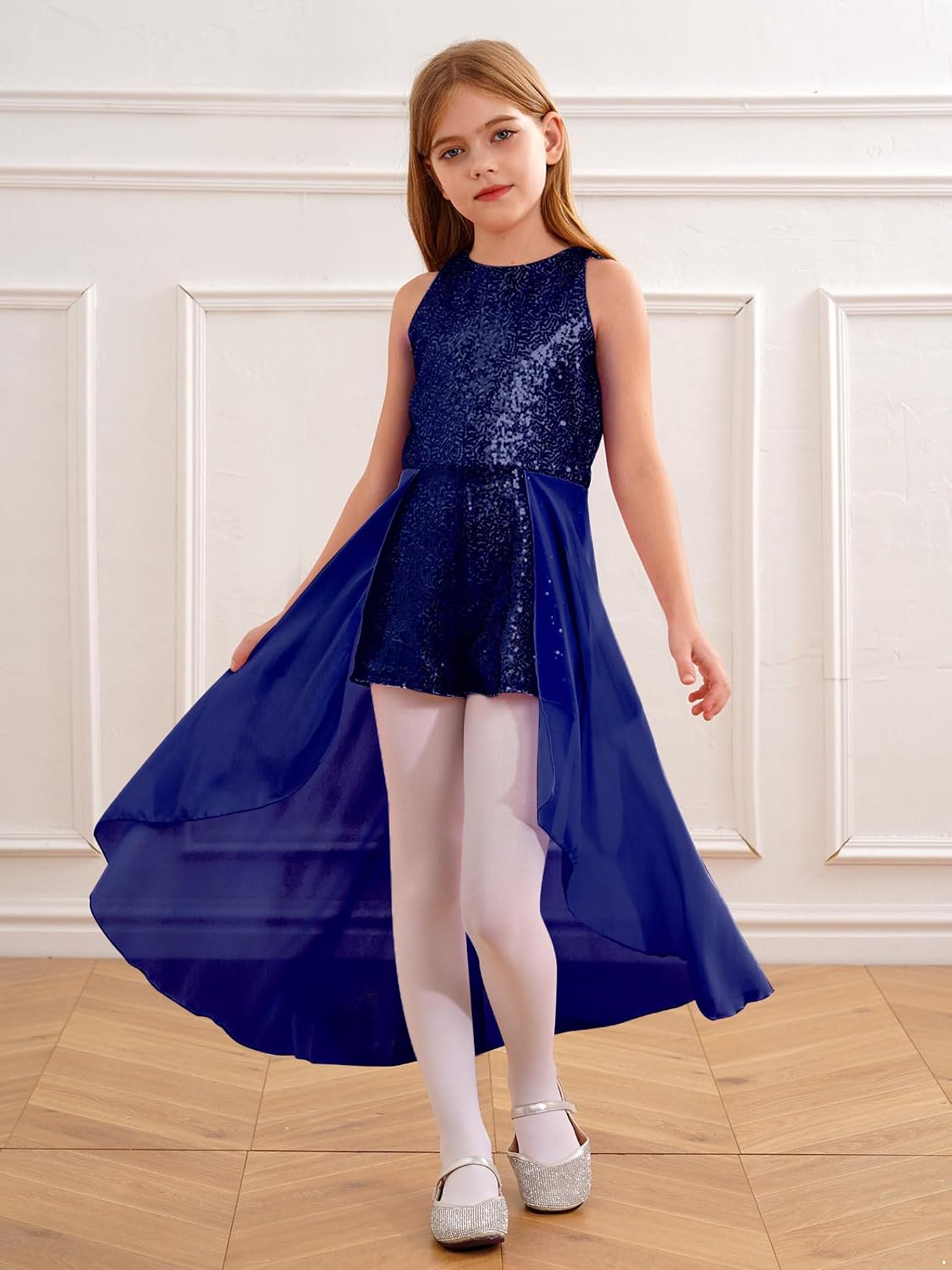 JEYPINMI Kids Girls Chiffon Sleeveless Sequined Birthday Prom Party Jumpsuit Pageant Dancing Romper Gowns Navy Blue 8 Years