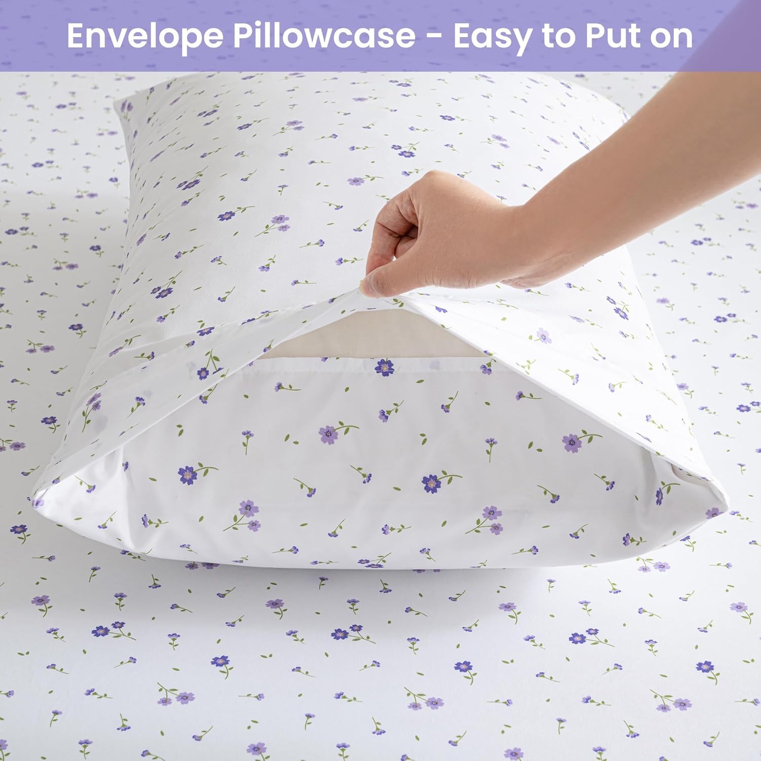 Softan Floral Full Sheet Set Purple Flower Printed Bed Sheets Double, Cozy Microfiber Patterned Fitted Sheets with 15" Deep Pocket & Non-Slip Straps, Cute Purple Sheets and Pillowcase Set - Image 5