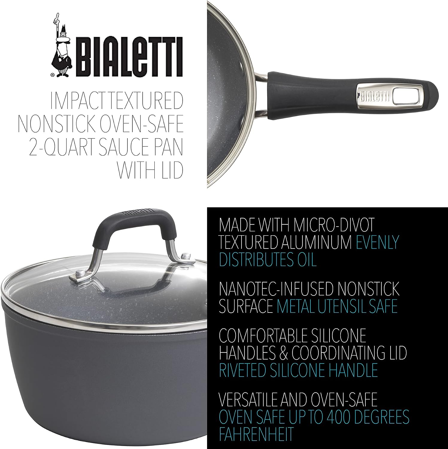 Bialetti Impact, Non-Stick 2 Quart Sauce Pan, Gray