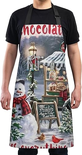 JUNZAN Delantal de cocina de muñeco de nieve de chocolate caliente con bolsillos, delantales de jardinería ligeros, delantales artísticos para