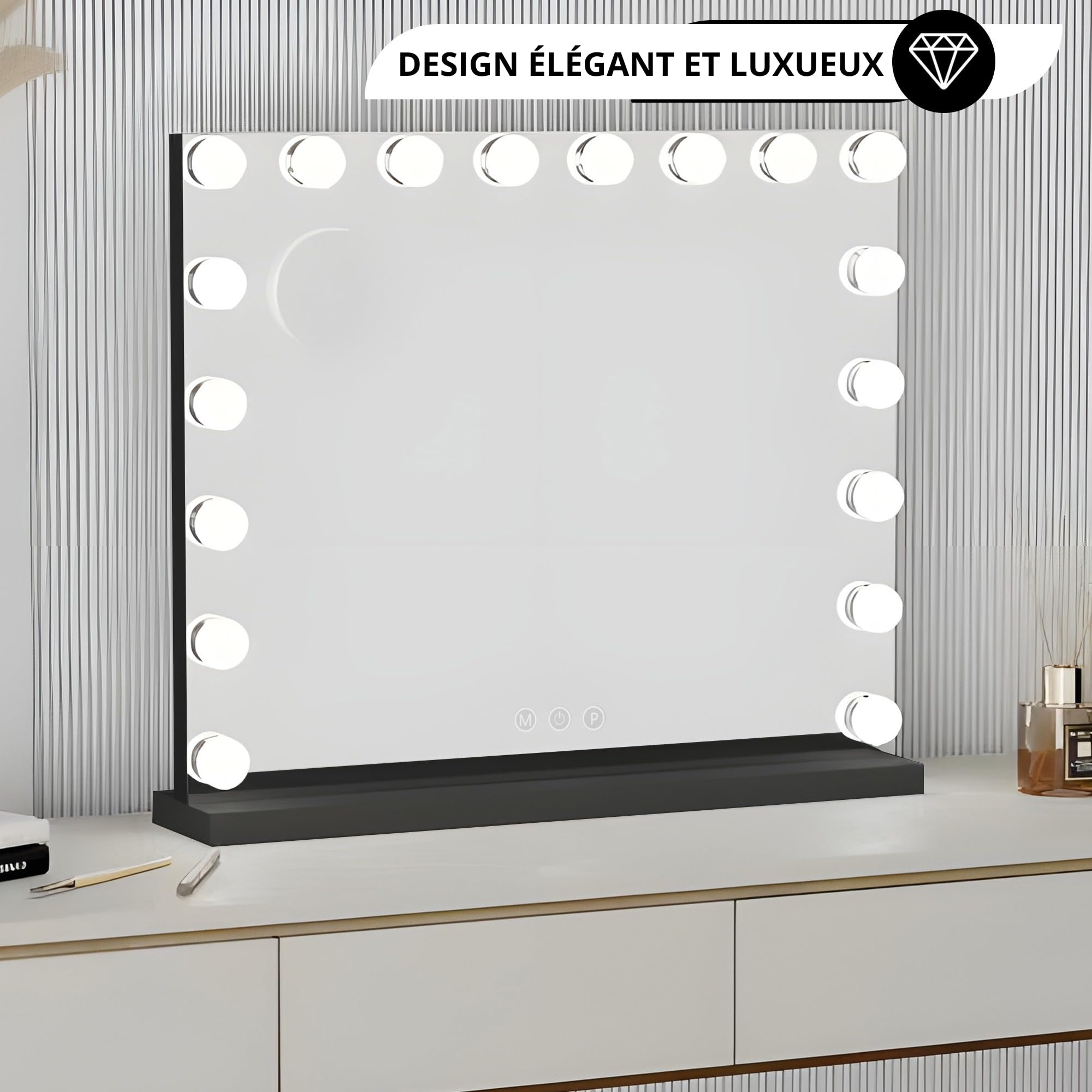 Bayt Miroir Maquillage Hollywood avec Éclairage 80x60 cm – Miroir LED Dimmable avec Grossissement 10x – Noir