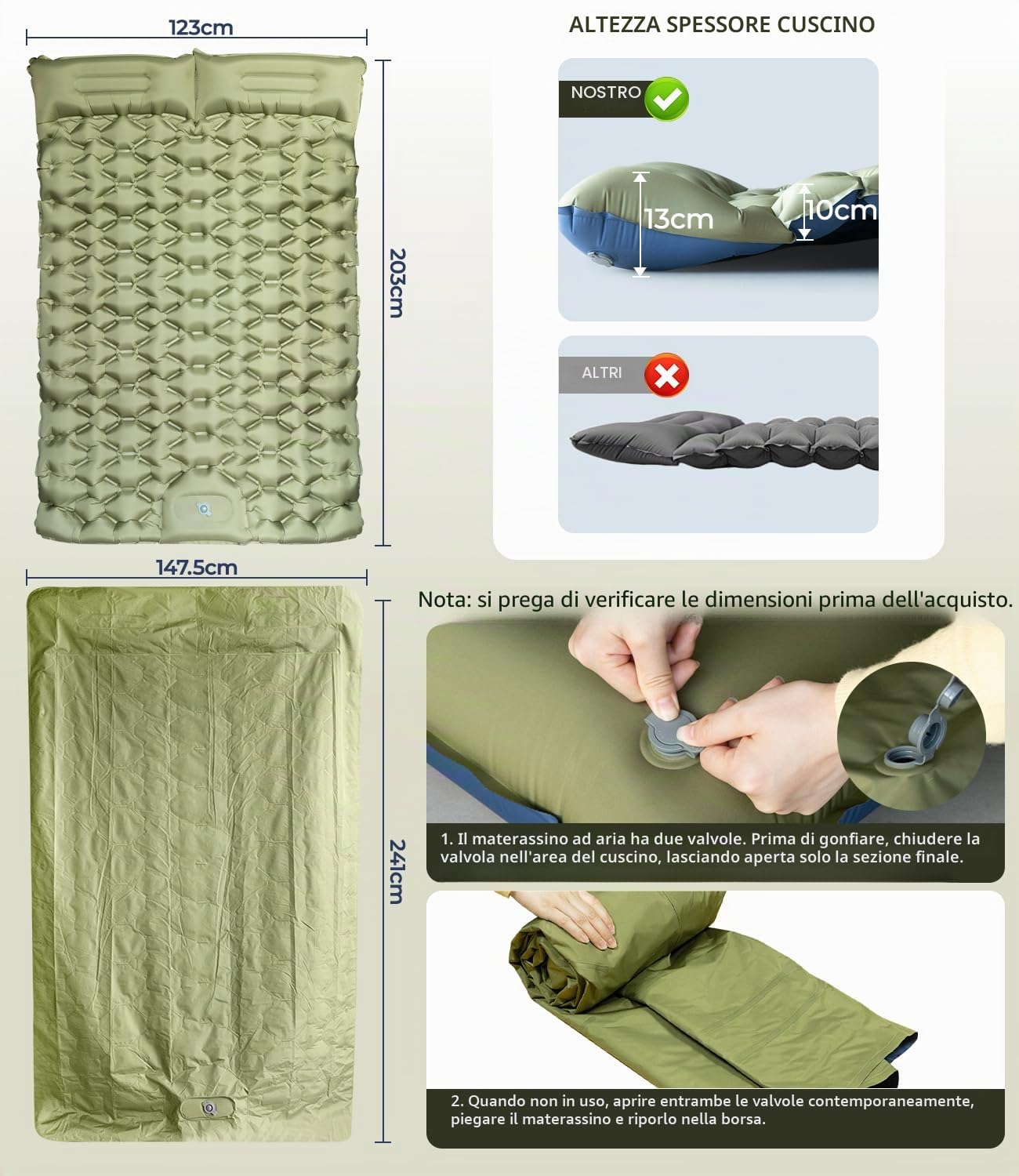 Materasso Campeggio Autogonfiante Doppio Ultraleggero 1,65kg – Letto Gonfiabile Matrimoniale 203x123x10cm con Cuscino 15cm Struttura Sospesa TPU Antiforatura – per Campeggio Trekking Spiaggia Ospiti