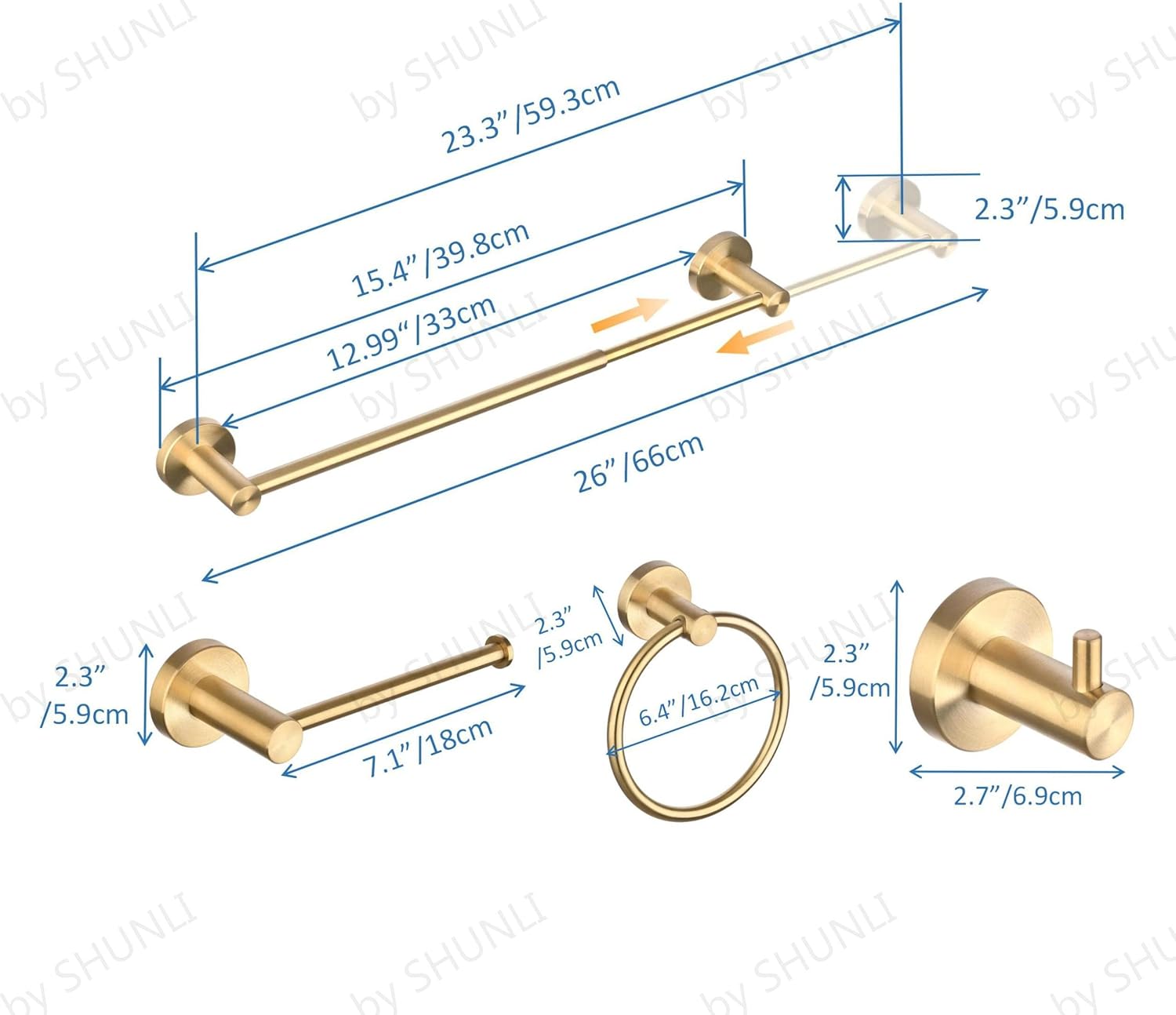 SHUNLI 5 Pieces Bathroom Accessories Hardware Set (Adjustable Towel Bar 16 to 26 Inch, Toilet Paper Holder, Towel Ring, 2PCS Hook) Brushed Gold Wall Mounted Bath Fixtures Set, SUS304 Stainless Steel