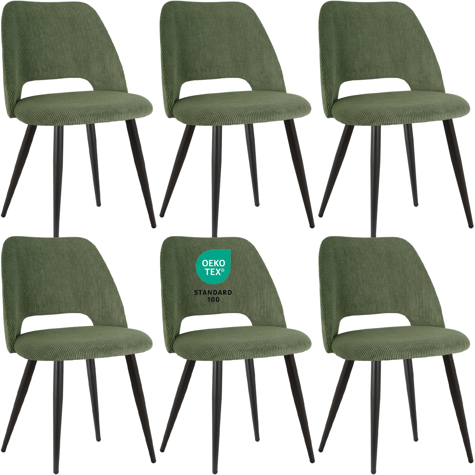 JIJIAN Pack de 6 Sillas de Comedor, Silla de Cocina, Silla de Salón, Sillas de Terciopelo a Rayas con Respaldos Recortados, Tapizadas para Comedor, Cocina, Dormitorio, Recepción, Verde
