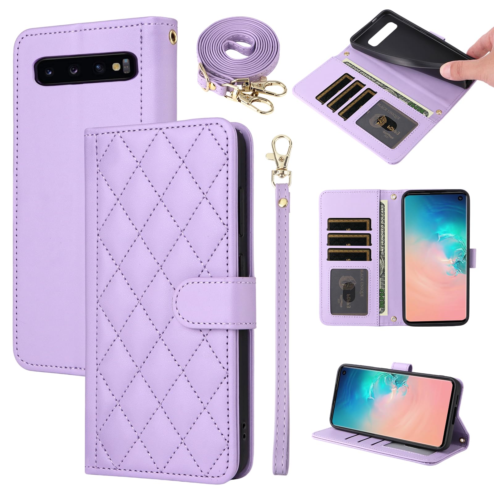 Furiet Wallet Case for Samsung Galaxy S10 Plus, Wrist Strap Shoulder Strap, Multiple Card Slots Folio Purse, Luxury PU Leather Stand Phone Cover for