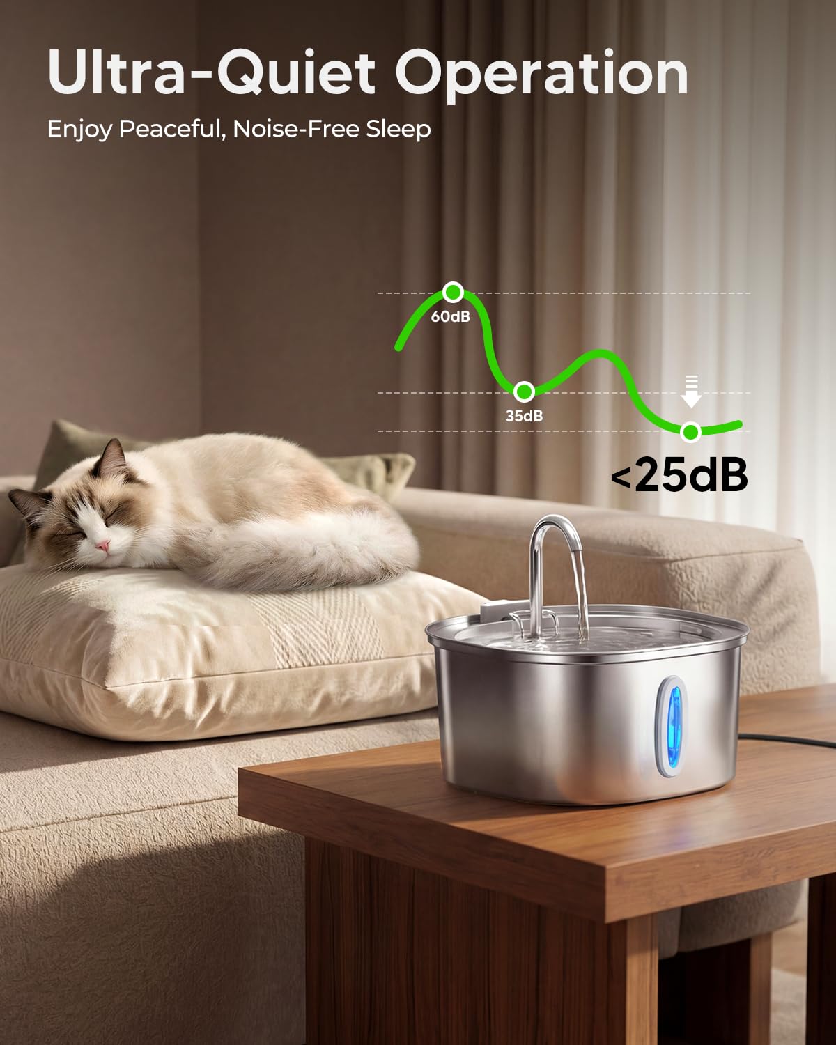 PEKTACO Fuente de Agua para Gatos – 3.2L/3,061.7 g de Acero Inoxidable para Mascotas, Fuente de Agua para Gatos de Interior, Fuente de Agua para Perros con Ventana de Nivel de Agua