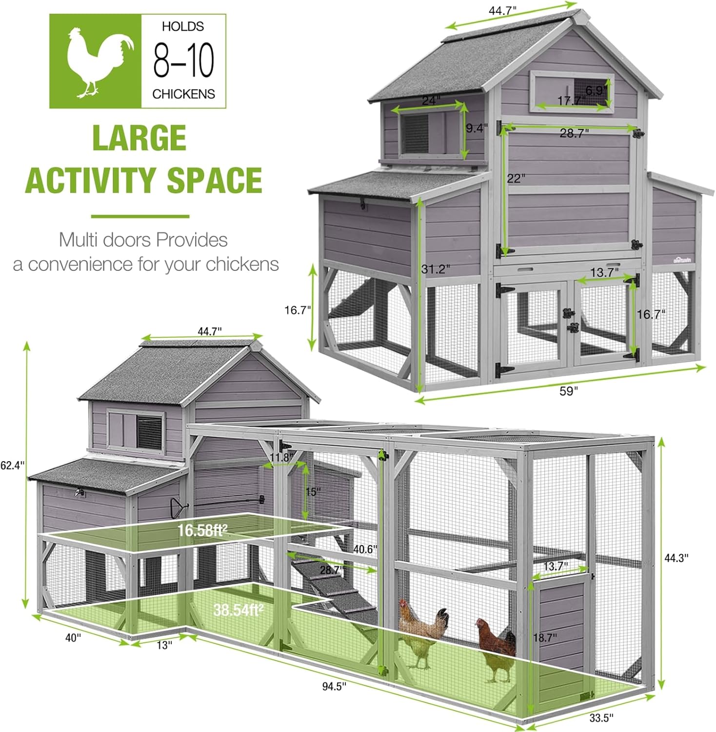 GUTINNEEN Chicken Coop 135" Super Large Wooden Chicken House Poultry Cage with Large Nesting Boxes,55ft²