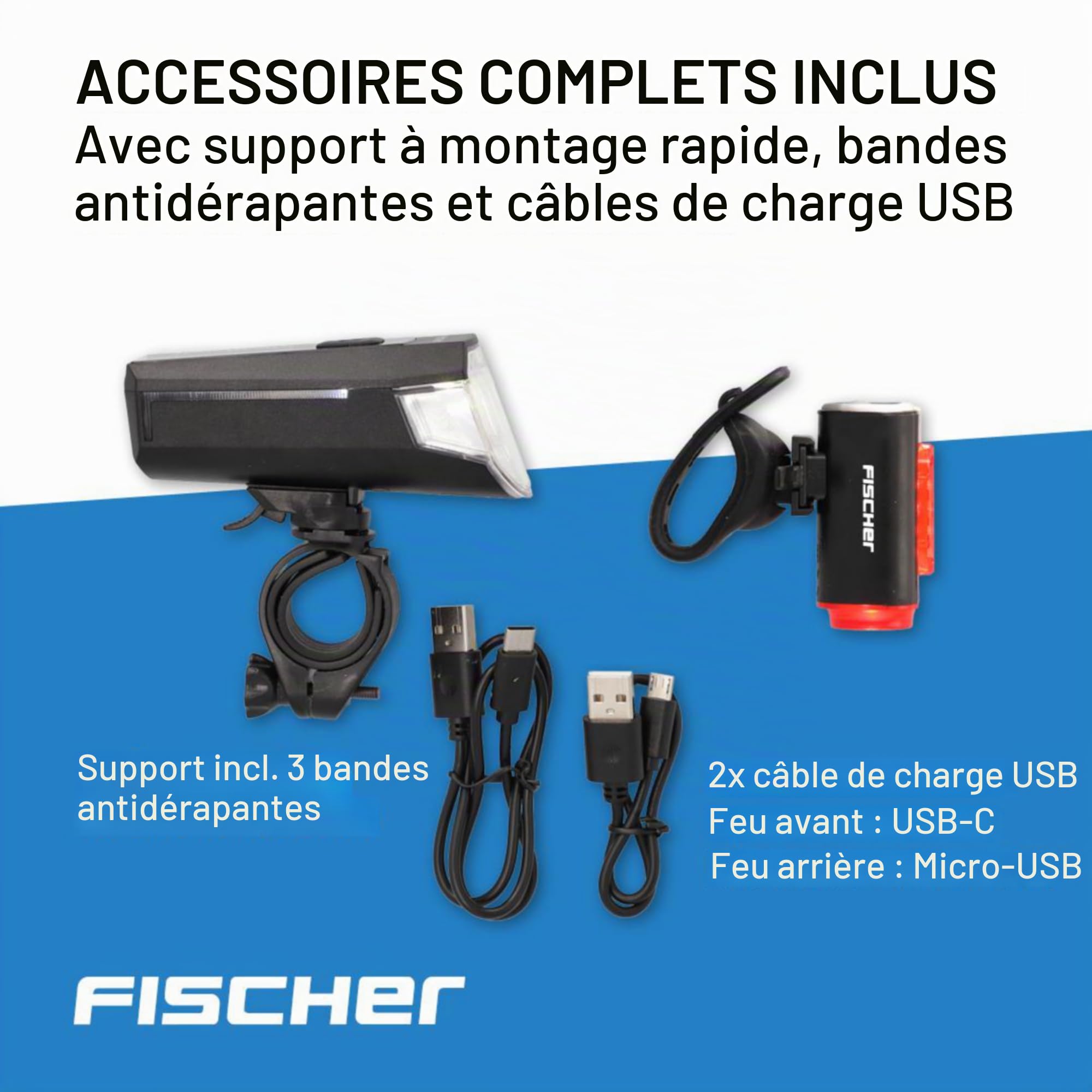 Fischer Kit d'éclairage LED pour vélo - Kit d'éclairage de vélo - Rechargeable par USB - Feu Avant et arrière - Éclairage de Sol