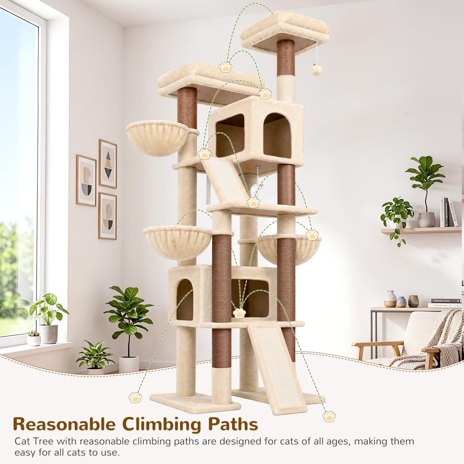 Globlazer Arbre à Chat XXL pour 3-4 Grand Chats 200 cm avec 2 Immense Niches, Rembourré Plateformes 50 * 30 * 30CM, 3 Panier, Planche Sisal, Stable Arbre a Chat pour Plusieur Chat Adulte (F78, Beige)