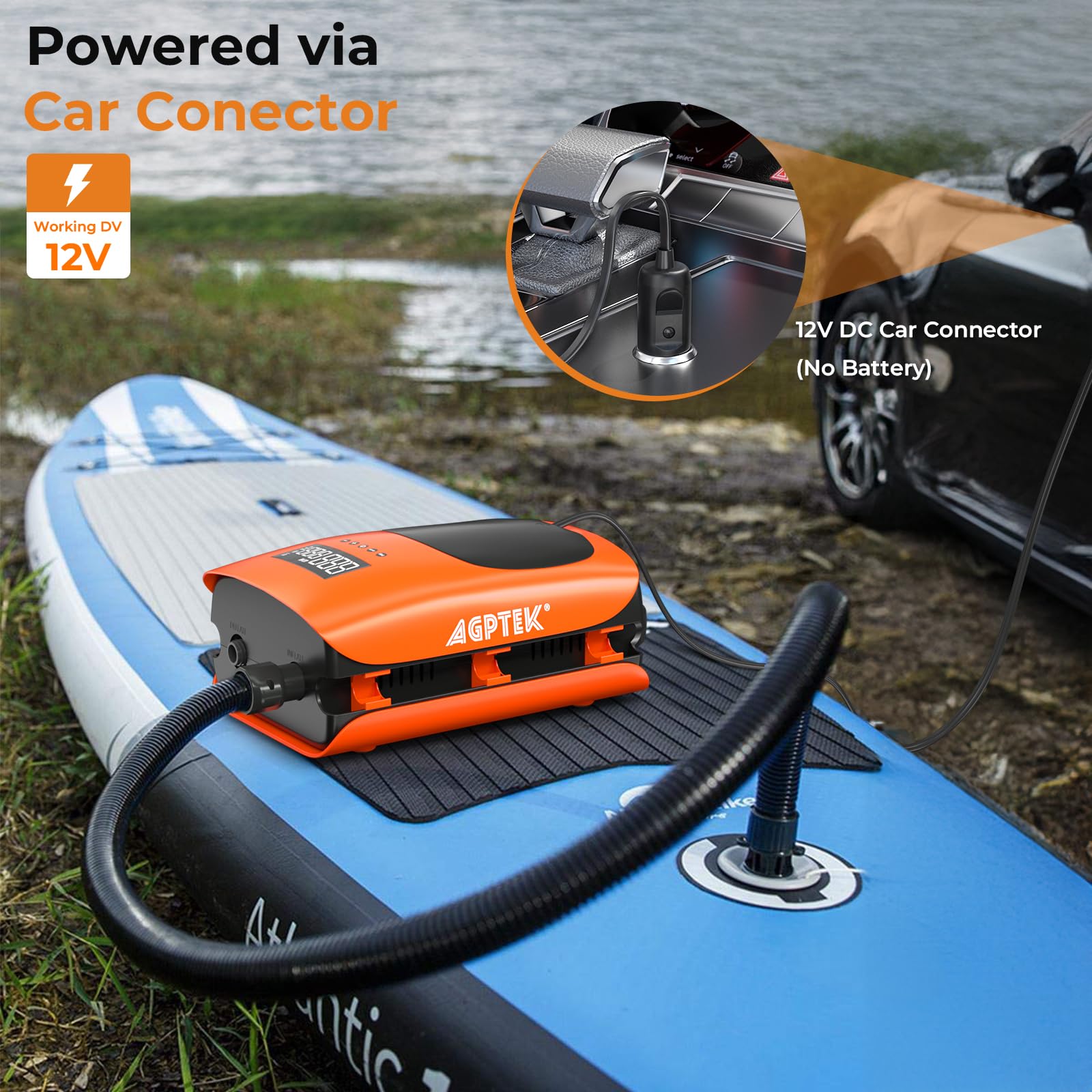 AGPTEK Inflador Paddle Surf Eléctrico, 22PSI, 14.4V | Rápido Inflado/Desinflado, Doble Fase, Auto Apagado, Paddle Surf, Kayak, Bote Inflable