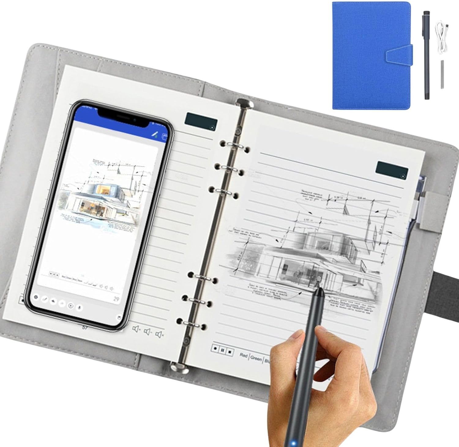 Smart Notebook with OCR, Reusable Digital Notebook and Pen, Bluetooth 5.0 Smartpen Writing Set, Real Time Sync to Phone, Convert Handwriting to Text (Linen Pattern Blue)