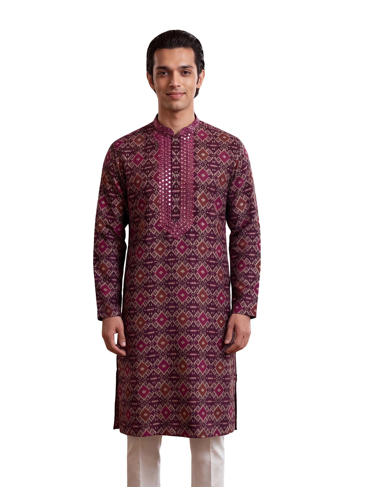 Men's Purple Silk Blend Printed Ethnic Motifs Calf Length Kurtas | Men | Ethnic Motifs Kurtas for Mens | Straight Fit Kurta for Men's-image-1