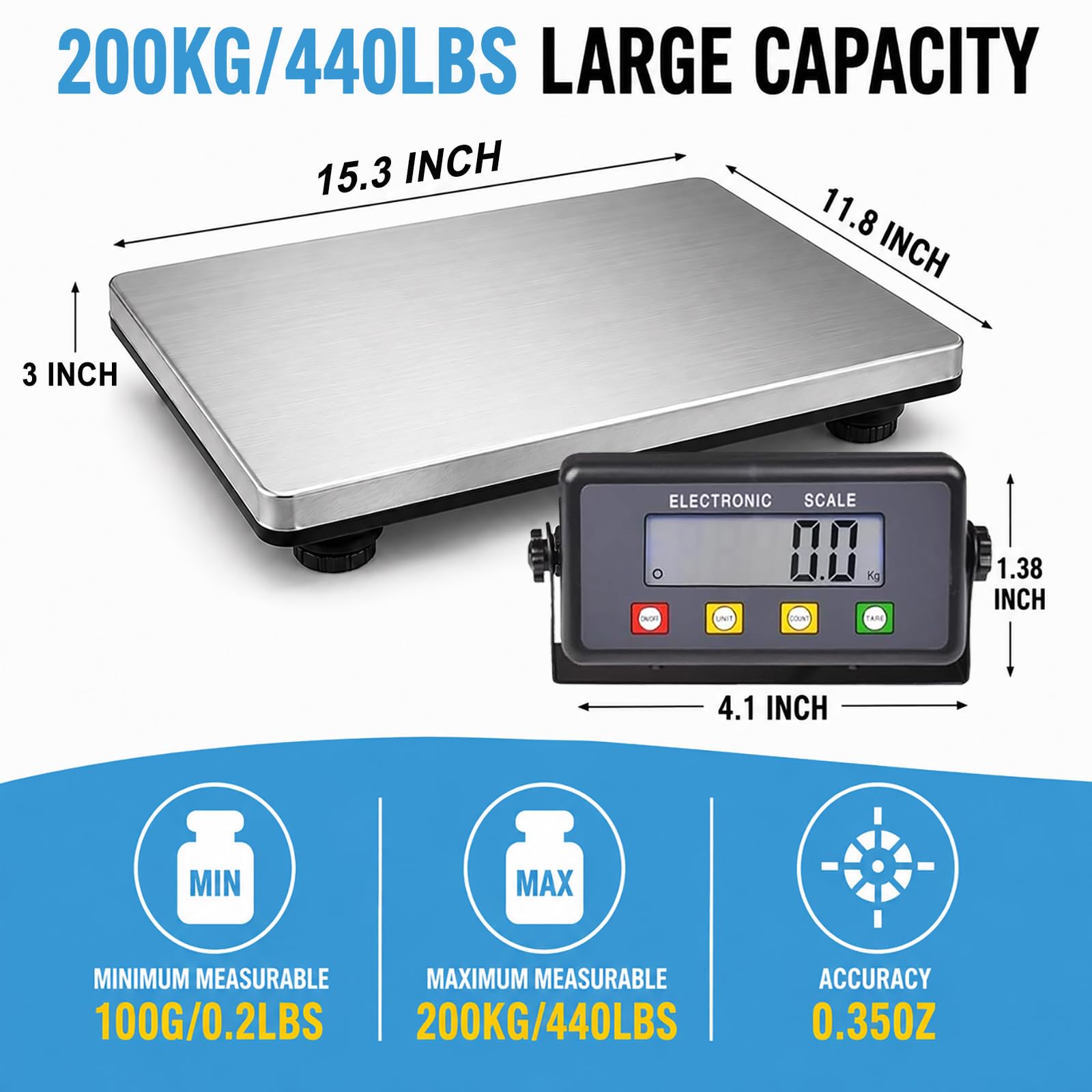 Grande balance d'expédition robuste de 200 kg, plate-forme de 38,9 x 30 cm pour l'industrie du métal pour peser les bagages, le sol, les colis, les expéditions postales
