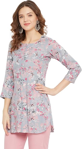 Tissu Women's Rayon Grey & Pink Floral Printed Kurti