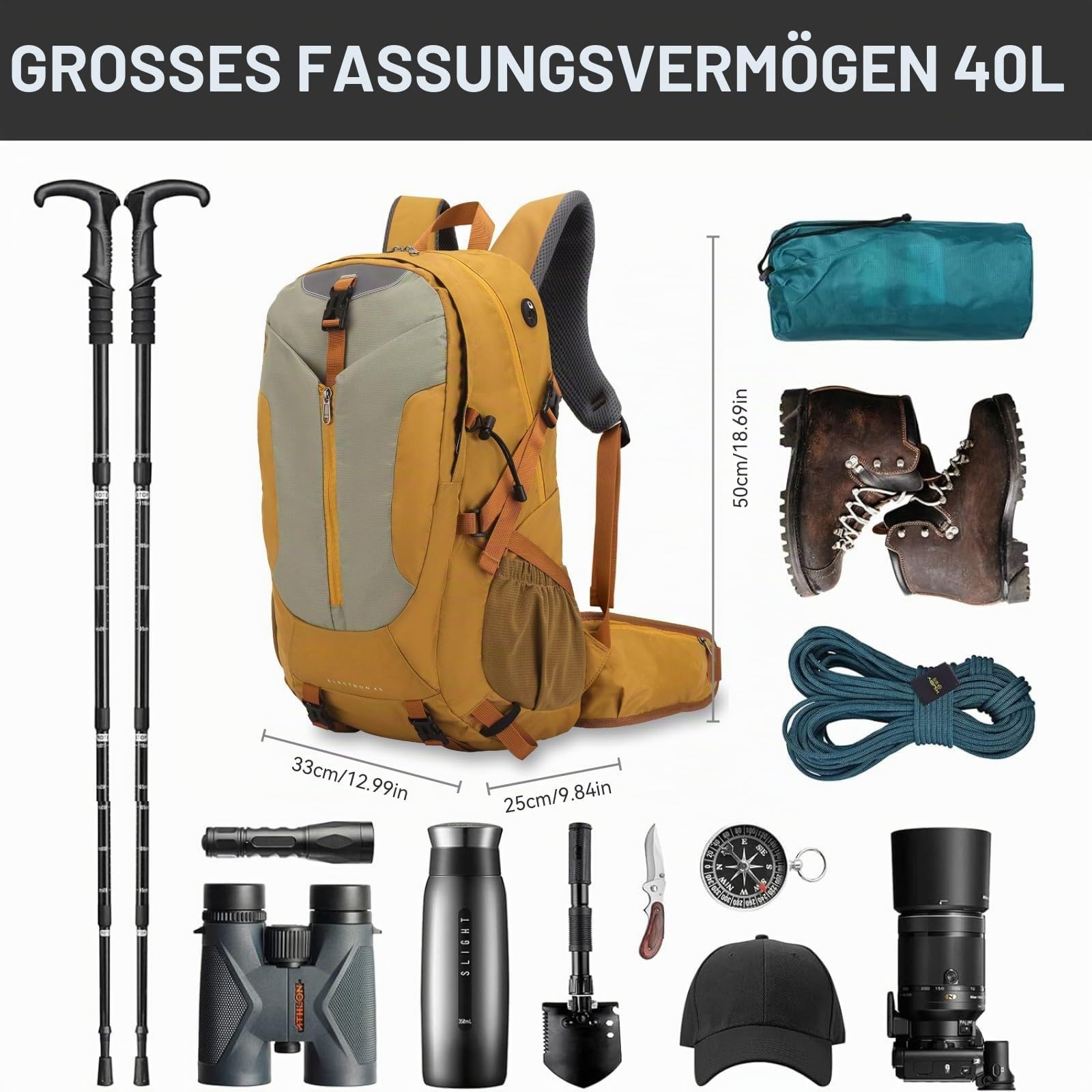 40L Wanderrucksack Herren Damen Groß Backpacker Reiserucksack Outdoor Camping Klettern Rucksäcke mit Regenhülle, Gelb
