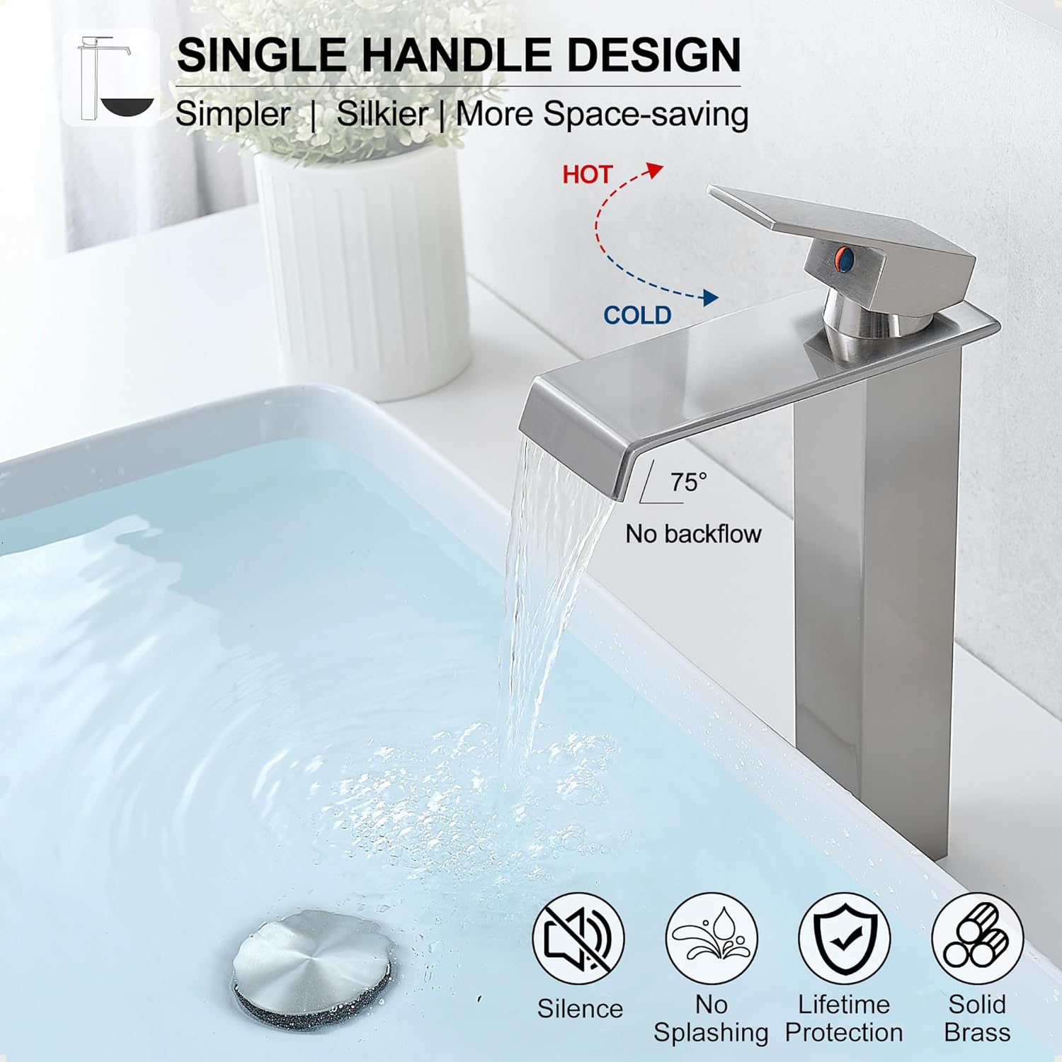 Tall Vessel Sink Faucet Brushed Nickel, Brass Waterfall Vessel Faucet, Single Handle Bathroom Faucet Tall Modern Bathroom Faucets for Vessel Sinks with Pop Up Drain and Supply Hoses - Image 3