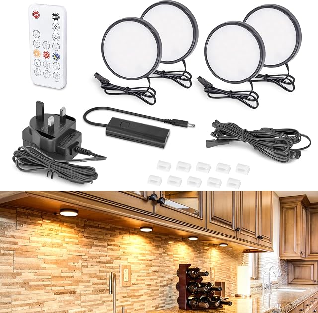 WOBANE Dimmable Black LED Puck Lights,LED Under Cabinet Lighting kit with Remote Control,Under Counter Lighting for Kitchen,Cabinet,Cupboard,Display Shelf,Bookcase,2700K Warm White, Timing,Set of 4