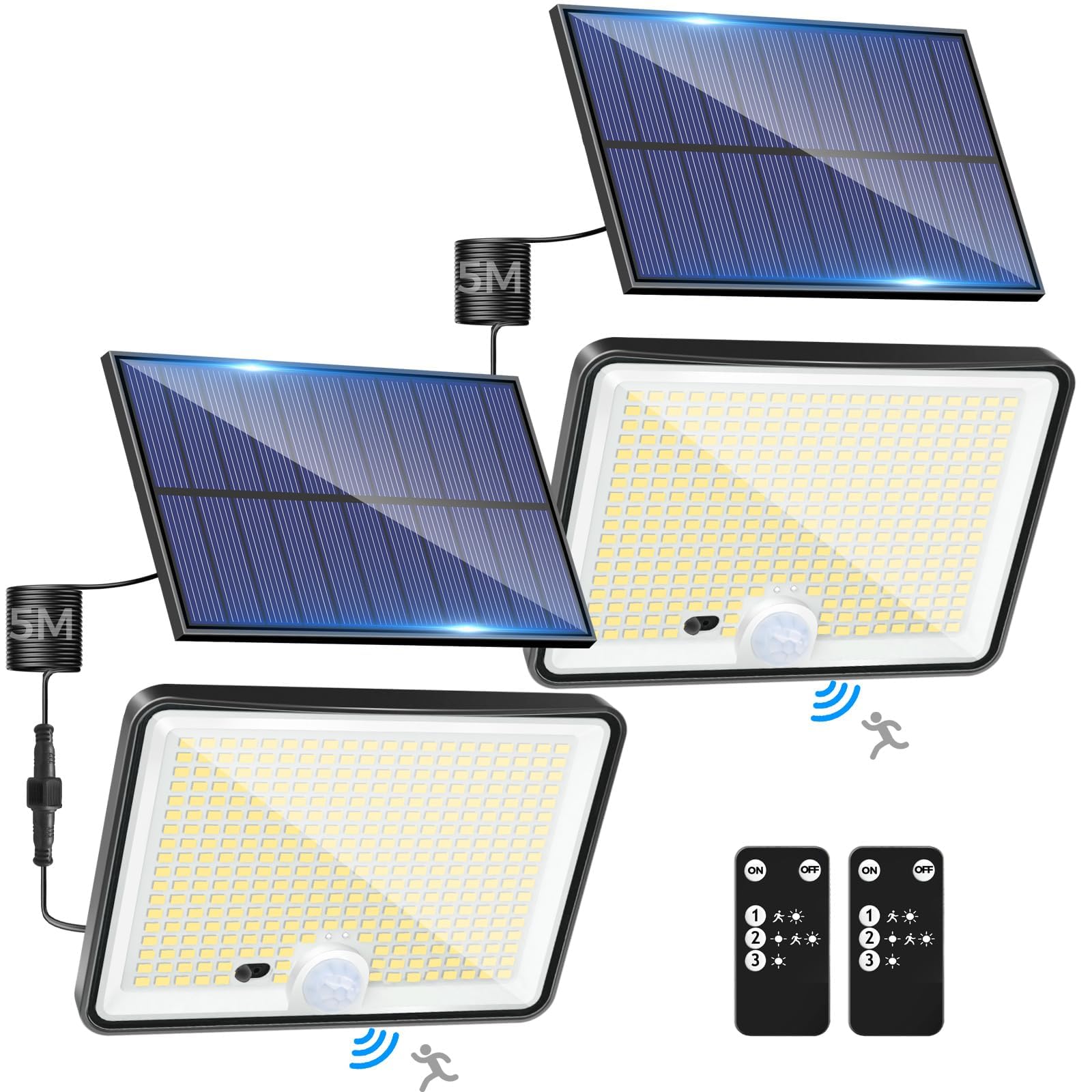 LOTMOS 2 Paquete Luz Solar Exterior Jardin, 342LED/Mando a Distancia Focos Led Exterior Solares Sensor De Movimiento, IP65 Impermeable Lampara Solar, 3 Modos Luces Solares Led Exterior Jardin, Garajes