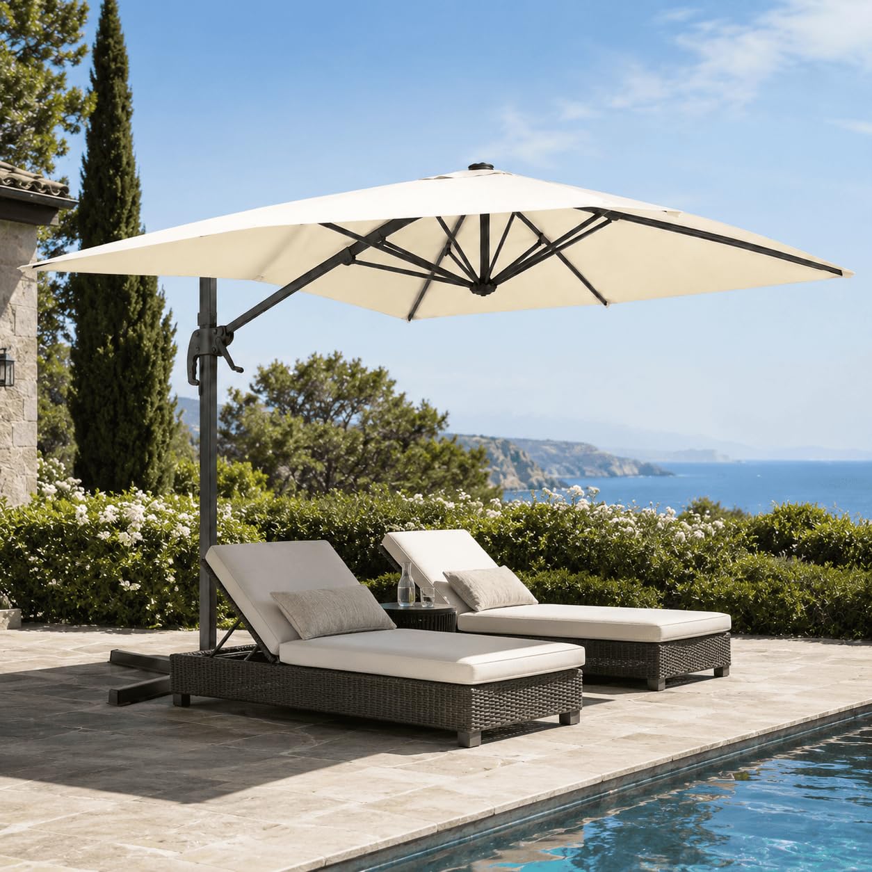 Ombrellone Girevole 360° 4X3 M Decentrato Rettangolare Rotante Con Struttura In Alluminio E Braccio In Acciaio Base a Croce E Custodia Inclusa Per Giardino Terrazza Patio E Piscina Ecrù