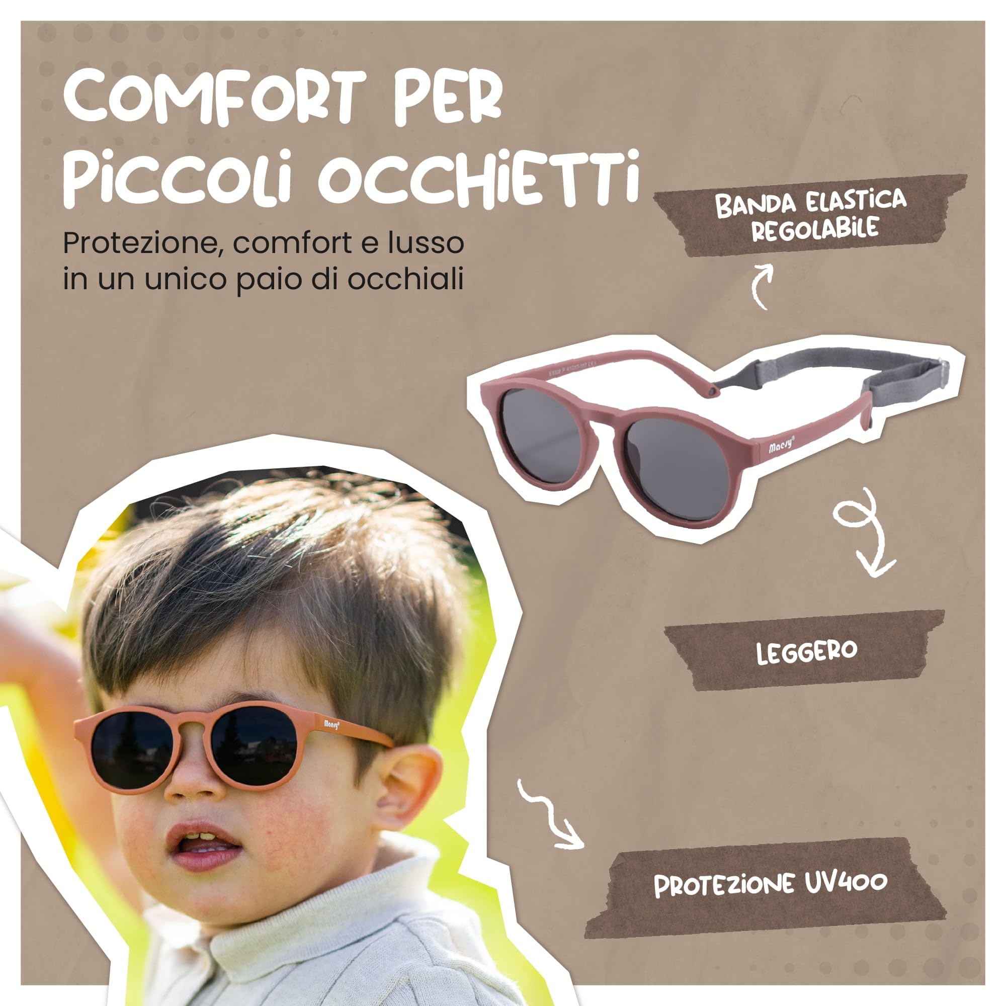 Occhiali da Sole per Bambina, 1-3 Anni, Protezione Polarizzata UV400, Montatura Flessibile e Pieghevole, Cinturino Elastico Regolabile, Occhiali da Sole Sicuri e Comodi per Bambino, Bowi