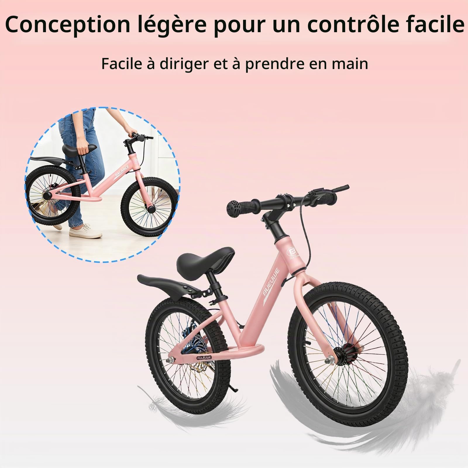 Draisienne pour enfant de 16 pouces avec frein à disque – Moyeux clignotants et rayons colorés, siège réglable, cadre en acier au carbone, pour garçons et filles âgés de 5 à 8 ans(rose)