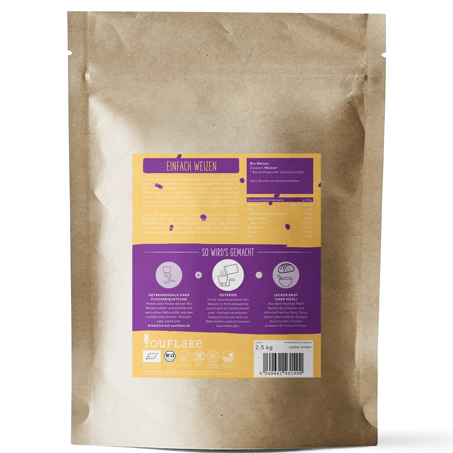 Getreidemühle Mockmill Lino 200 | Made in Germany | Edelkorund und Keramik Mahlstein | frisches Mehl | (Lino 200 + 2,5 kg Bio Weizen)