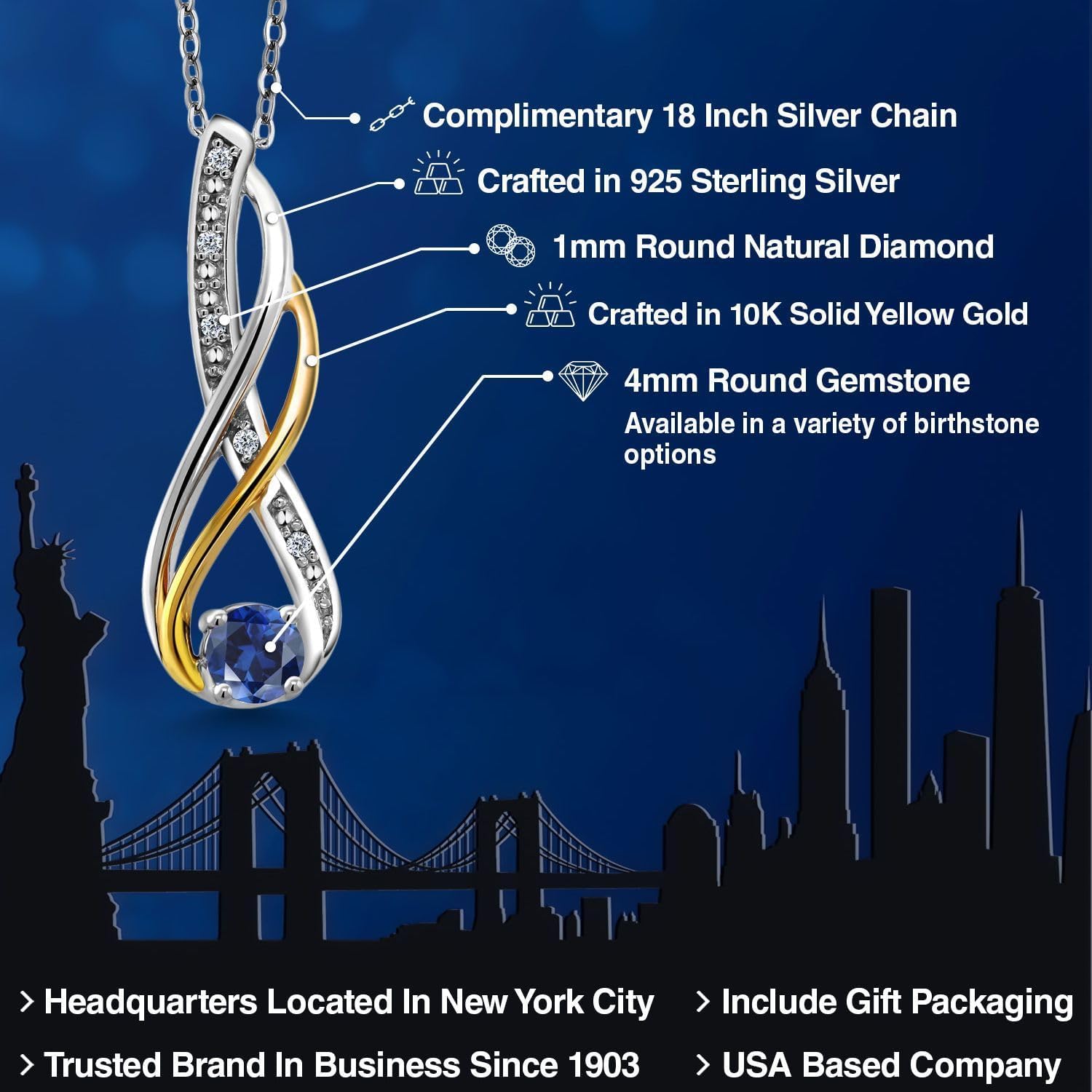 Gem Stone King 10K Yellow Gold and 925 Sterling Silver Round 4MM Gemstone Birthstone and White Diamond Infinity Pendant Necklace For Women with 18 Inch Chain