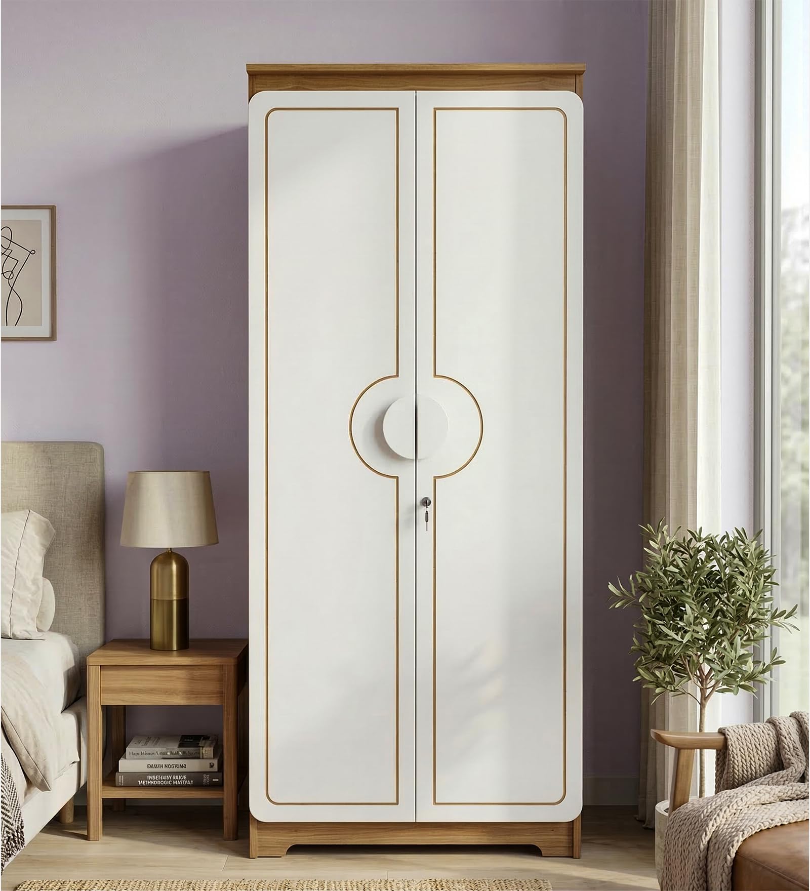 NEUDOT Astona Delight 2 Door Engineered Wood Wardrobe | Wooden Almirah | Multipurpose Storage Organizer | White Wardrobe | 1 Hanger Stand - 3 Shelves, 1 Year Warranty