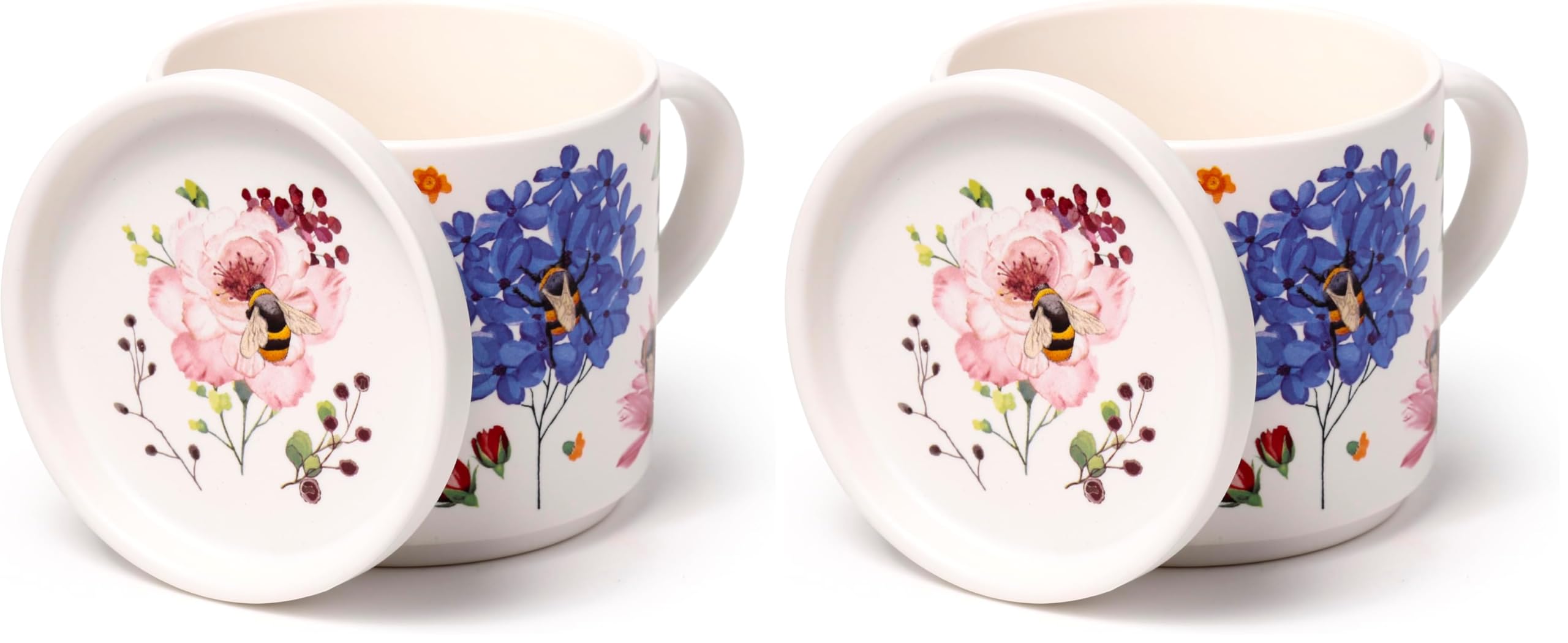 Puckator Set Tazza in Porcellana e Sottobicchiere/Coperchio 2 in 1 - Api & Fiori - Nectar Meadows, Confezione Regalo (Confezione da 2)