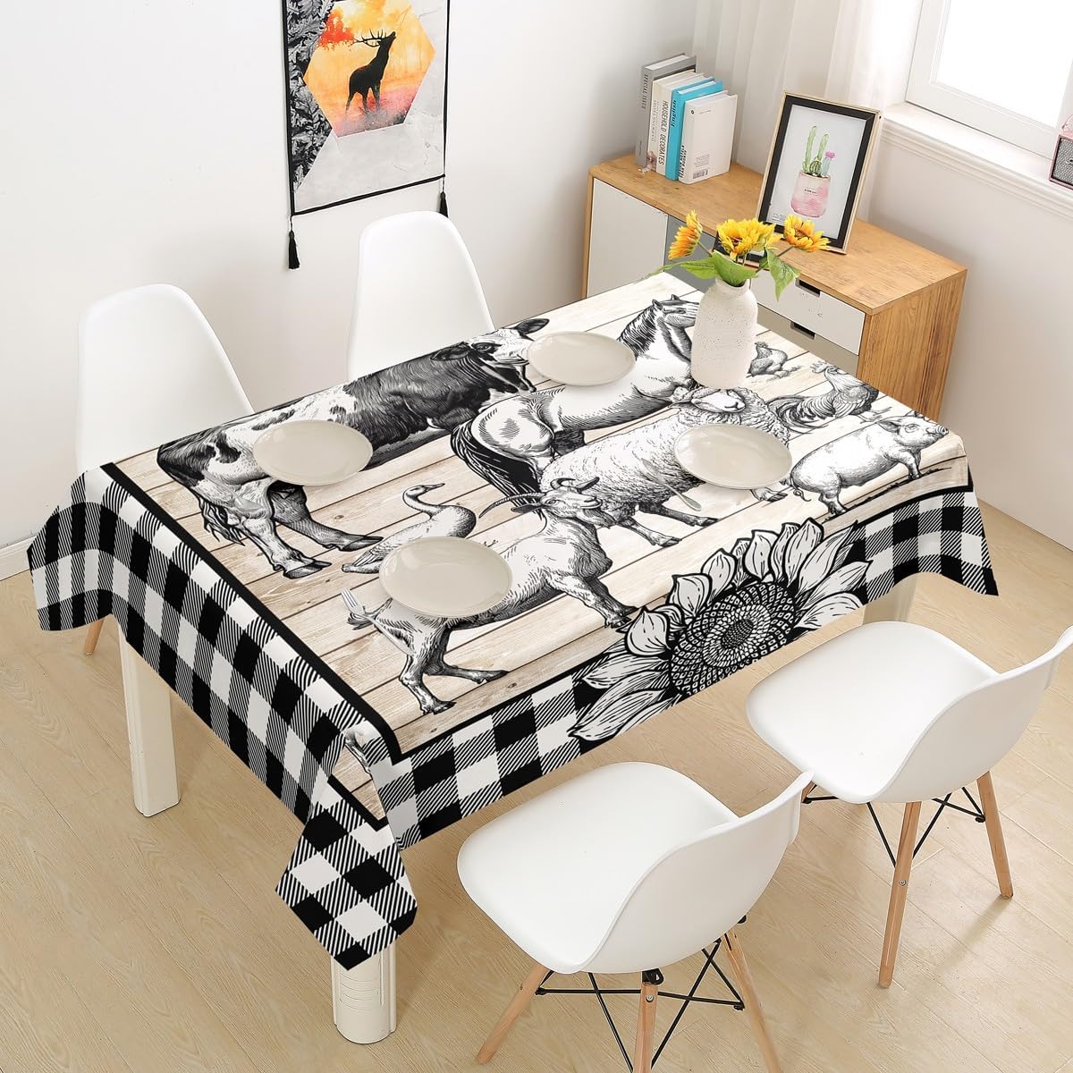 Farmhouse Animal Table Cover,Sunflowers Milk Cow Pig Horse Print Table Cloths,Retro Board and Plaid Microfiber for Dining Kitchen Decor,Tabletop Decoration 55"x55" Square