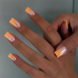 MERVF Press on Nails Medium Square, Orange Ombre French Tip Fake Nails, Chrome Glue ons Acrylic Nail Fall Glossy 24pcs