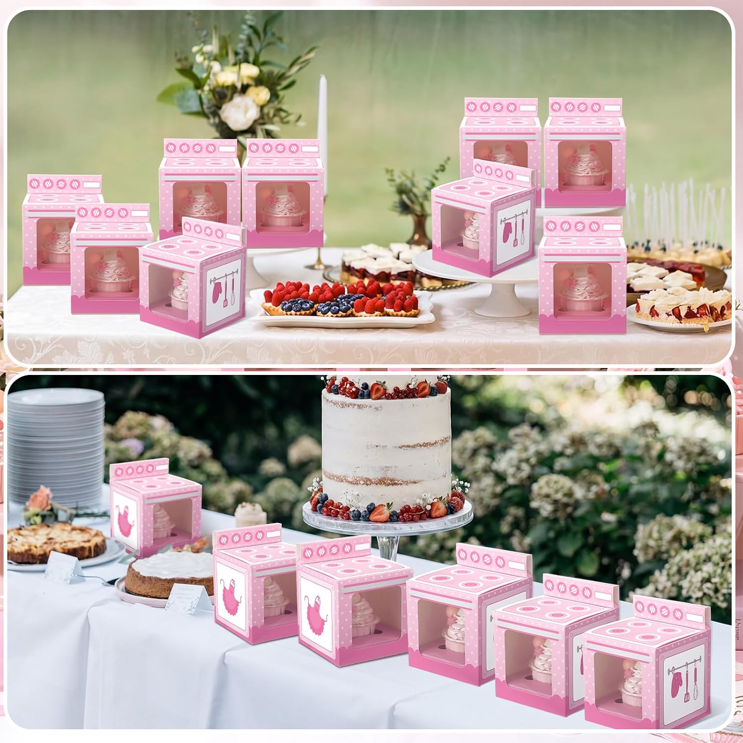 24 Pcs Bun in The Oven Cupcake Boxes with Window 4.7" Pink Cupcake Boxes