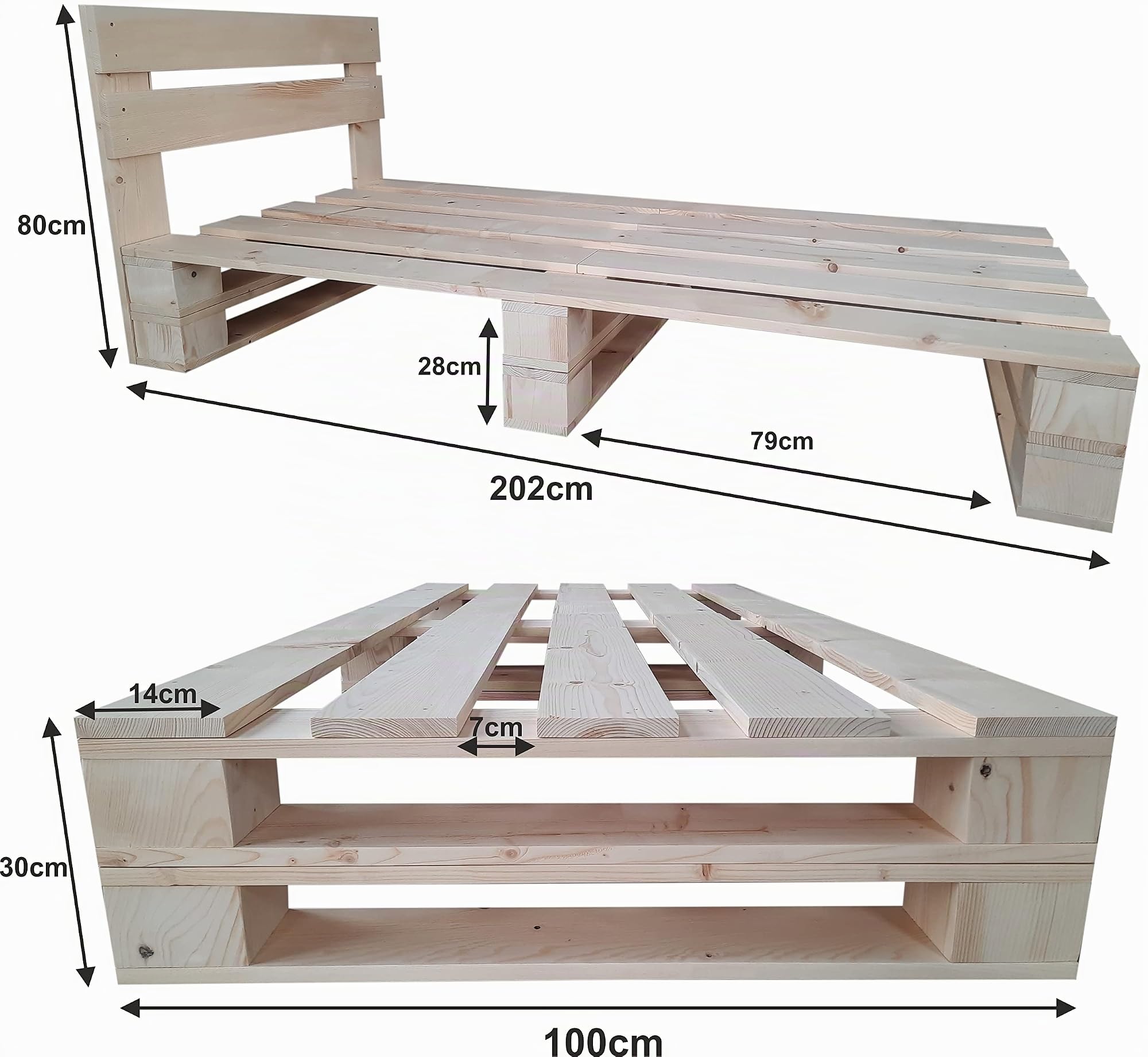 sunnypillow Palettenbett M2 aus Holz 100 x 200 cm mit Kopfteil und Lattenrost Stabiles Holzbett Seniorenbett Kinderbett erhöhtes Einzelbett Bettgestell Futonbett Komforthöhe Naturholz