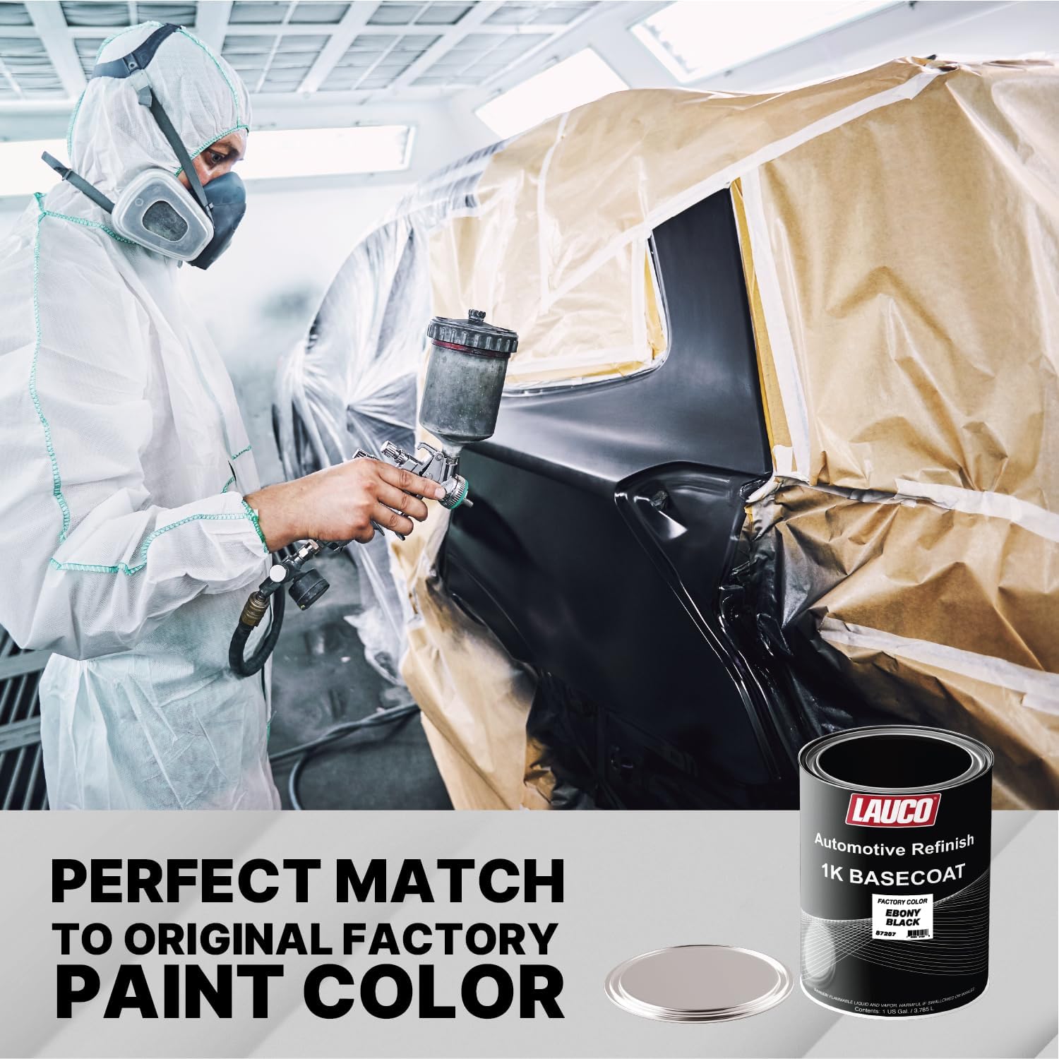 LAUCO Black 1K Basecoat Automotive Paint – Factory Color Match Ebony – 1 Gallon – Spray Gun Ready – Deep Black Finish – Mixing Ratio 1:1 – Auto Body Refinish- 87287