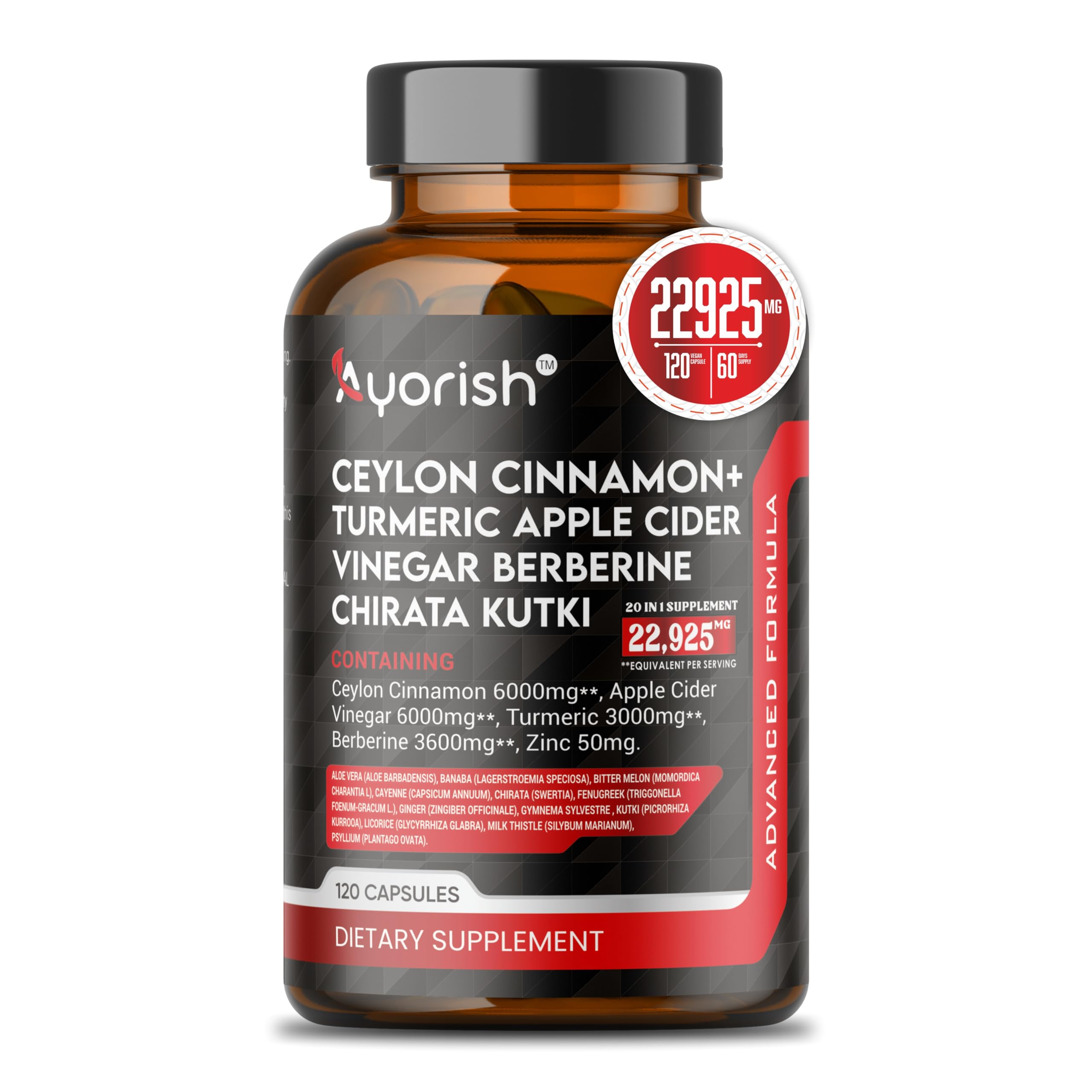 Ceylon Cinnamon Capsule 30:1 Extract Equivalent to 9000mg | Turmeric, Ginseng, Apple Cider Vinegar Berberine Plus Bitter Melon Gymnema, Kutki, Chirata 120 Veg Capsules – 60 Days Supply