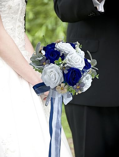 Miniatura 5 de CherishedMoments Ramo de boda azul marino, flores artificiales, ramos de novia en cascada, ramos de boda junto al mar para ceremonia de boda y
