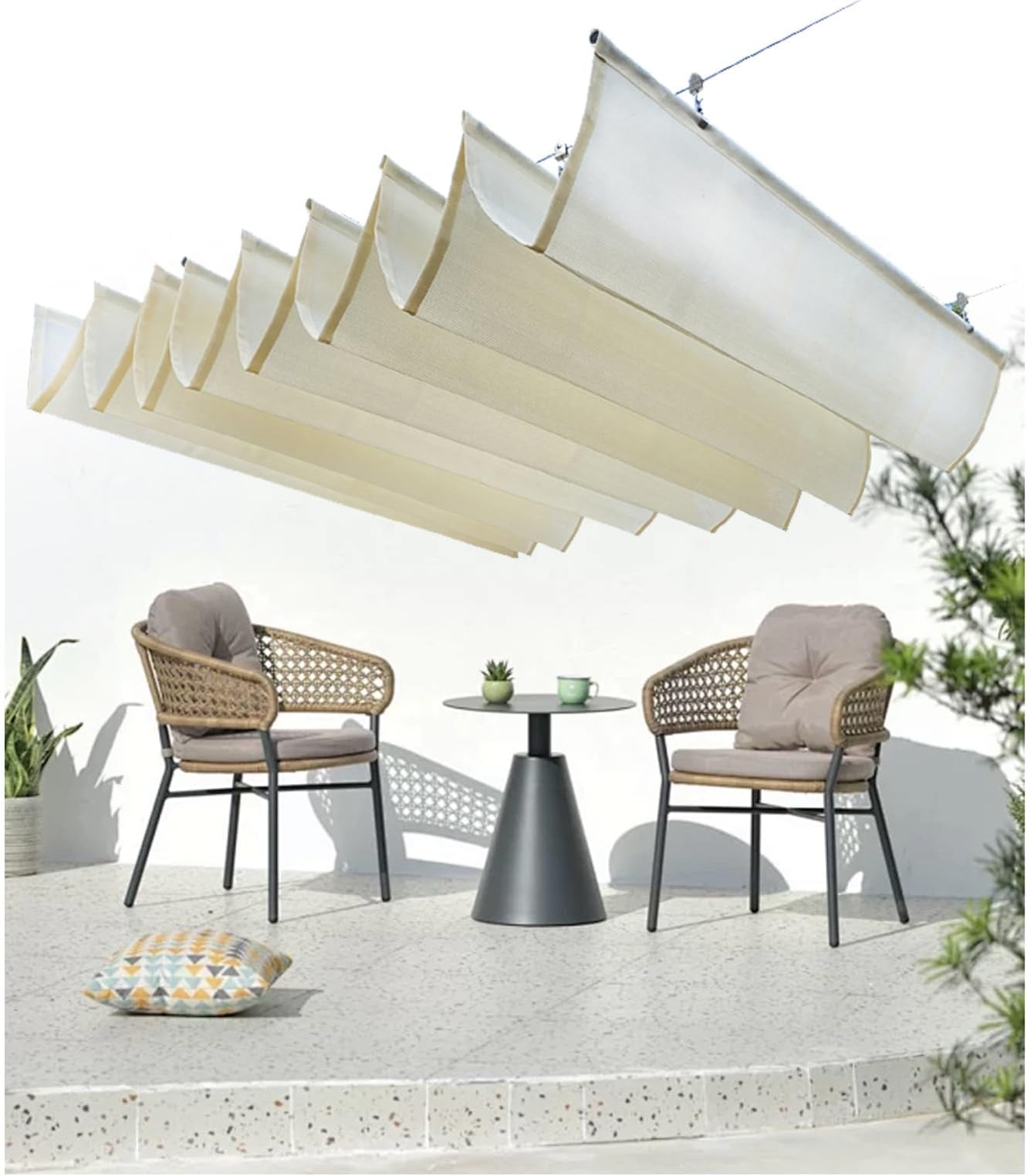 Retractable Sun Shade Sail, Customizable Wavy Design, Thick Fabric for Outdoor Use, Perfect for Patio & Terrace, UV Protection, Water-Resistant, Easy Installation