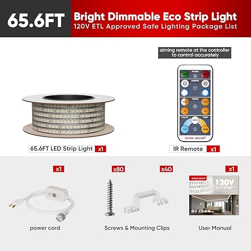 Miniatura 7 de Shine Decor Tira de luz LED conectable, CCT 2800-6000K tono cálido y frío cambiante para habitación, 65 pies, 120 V, enchufable, cuerda de