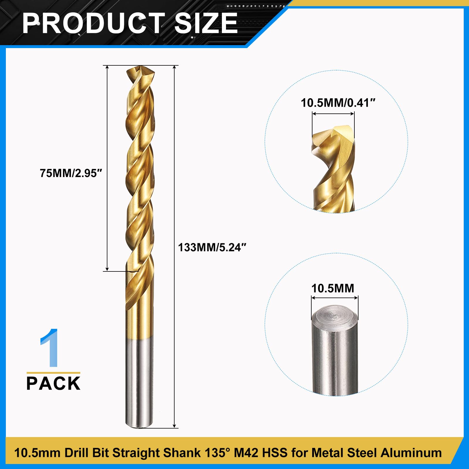 PATIKIL 10.5mm Drill Bit, M42 8% Cobalt High-Speed Steel Jobber Straight Shank 135 Titanium Nitride (TiN) Coated for Hard Metal Stainless Steel - 1 Pack - Image 2