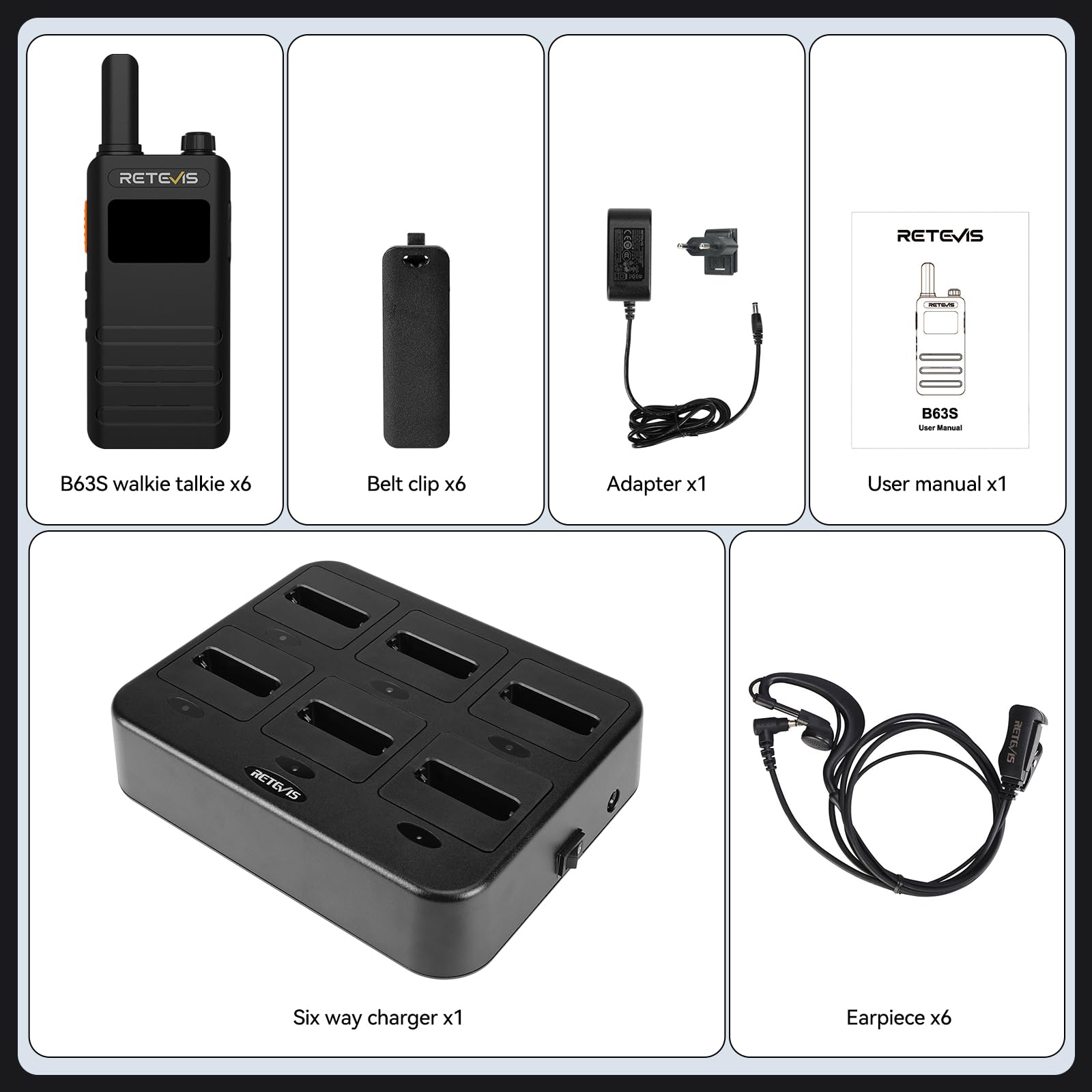 Retevis B63S Walkie Talkie, RT622 3.0 PMR446 con Auriculares, Pantalla LCD, Ultrafino 15mm, 6 Walkie Talkie con Torre de Carga para Hoteles de Estrellas, Bar, Camareros (6 Piezas, Negro)