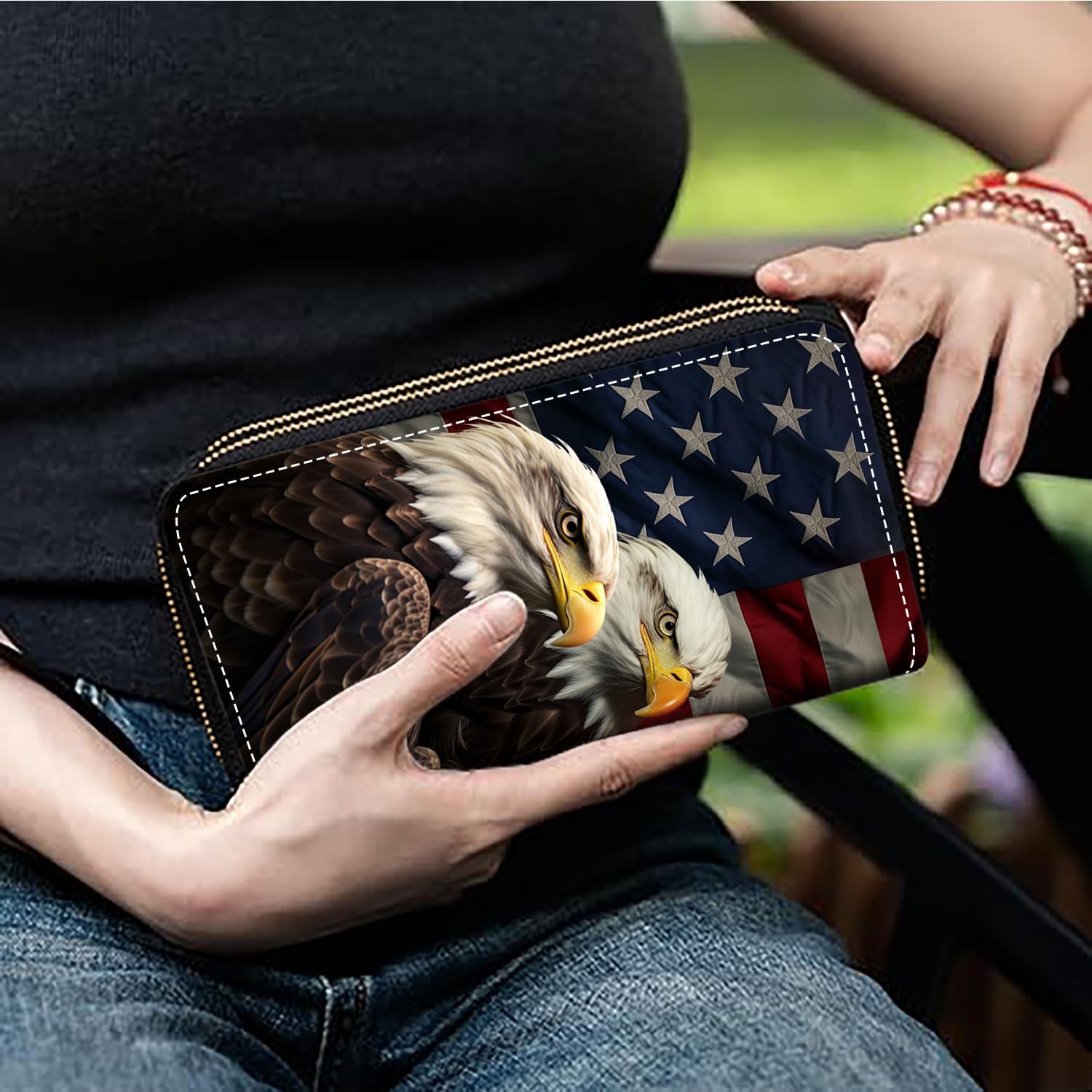 American Flag Bald Eagle Print Women's Large Capacity Wallet PU Leather Double Zipper Clutch Purse for Cash/Card/Coin/Smart Phone
