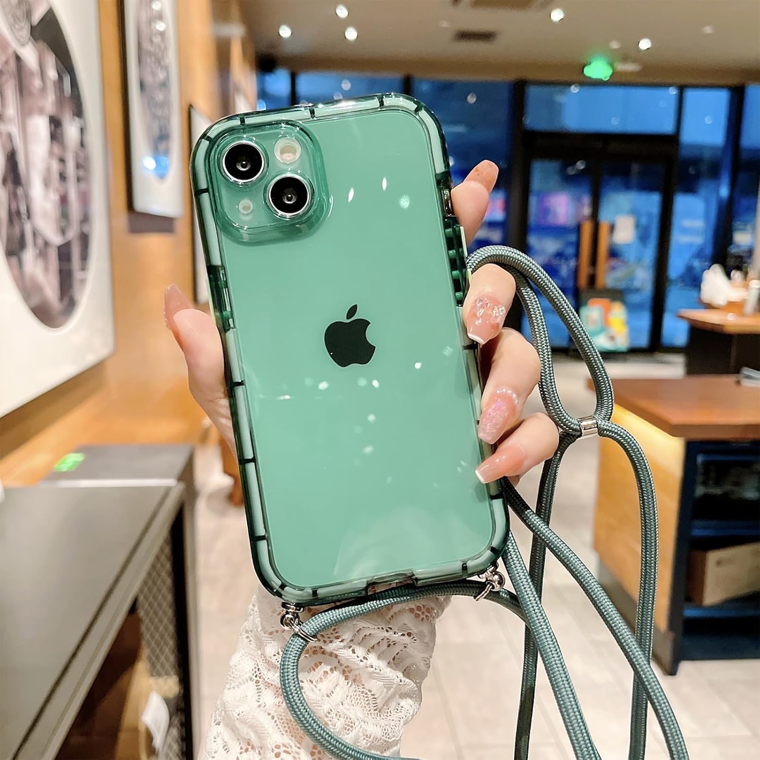 for iPhone 14 Clear Case with Crossbody Nylon Lanyard, Slim Translucent Shockproof Soft Protective Cover with Anti-Lost Detachable Adjustable Shoulder Neck Strap for Girls Women - Green - Image 9