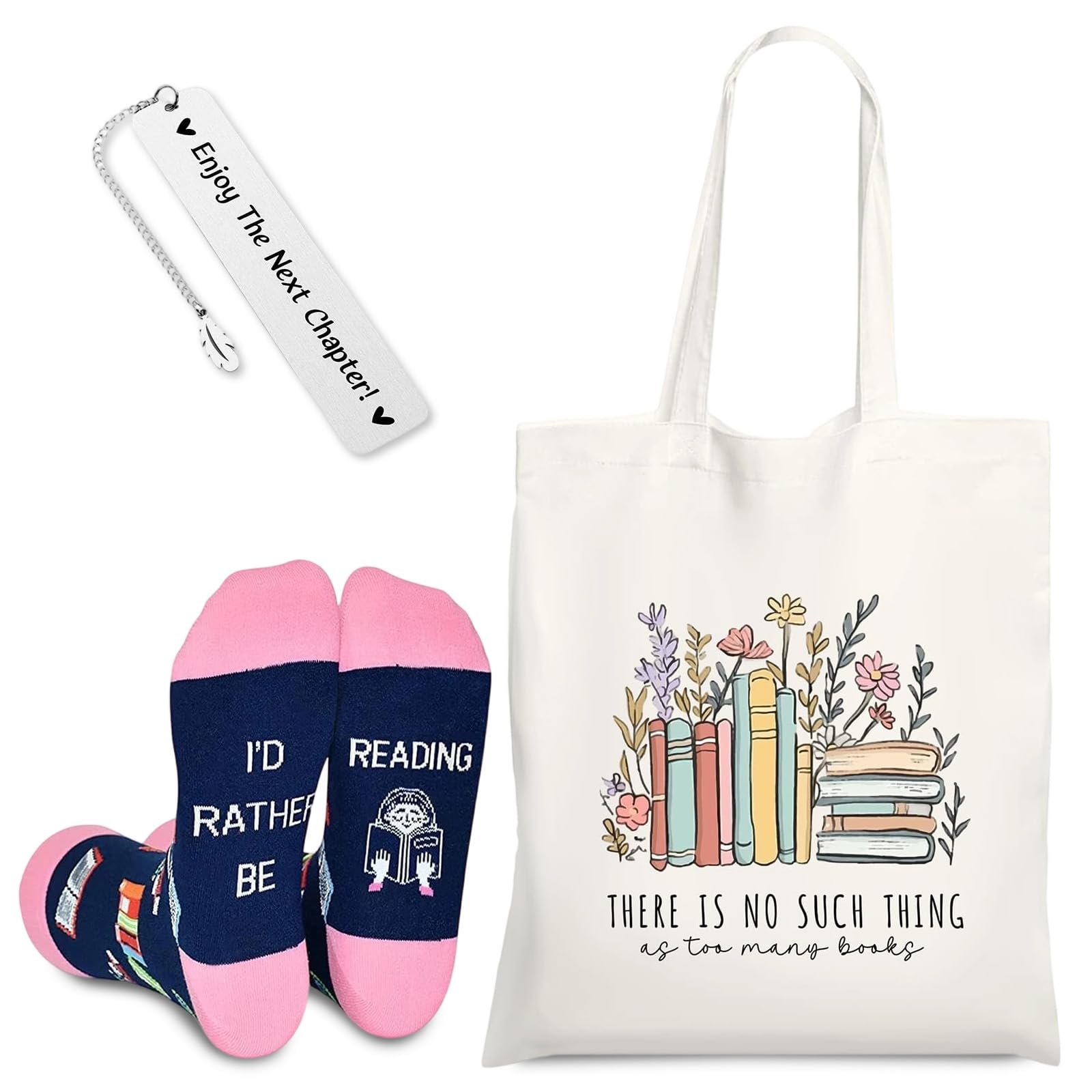 Cunegra 3PCS Book Lover Gifts Set, Resuable Cute Canvas Tote Bag with Socks & Bookmark, White Book Lovers Gifts for Women Readers Bookworm Librarian Birthday