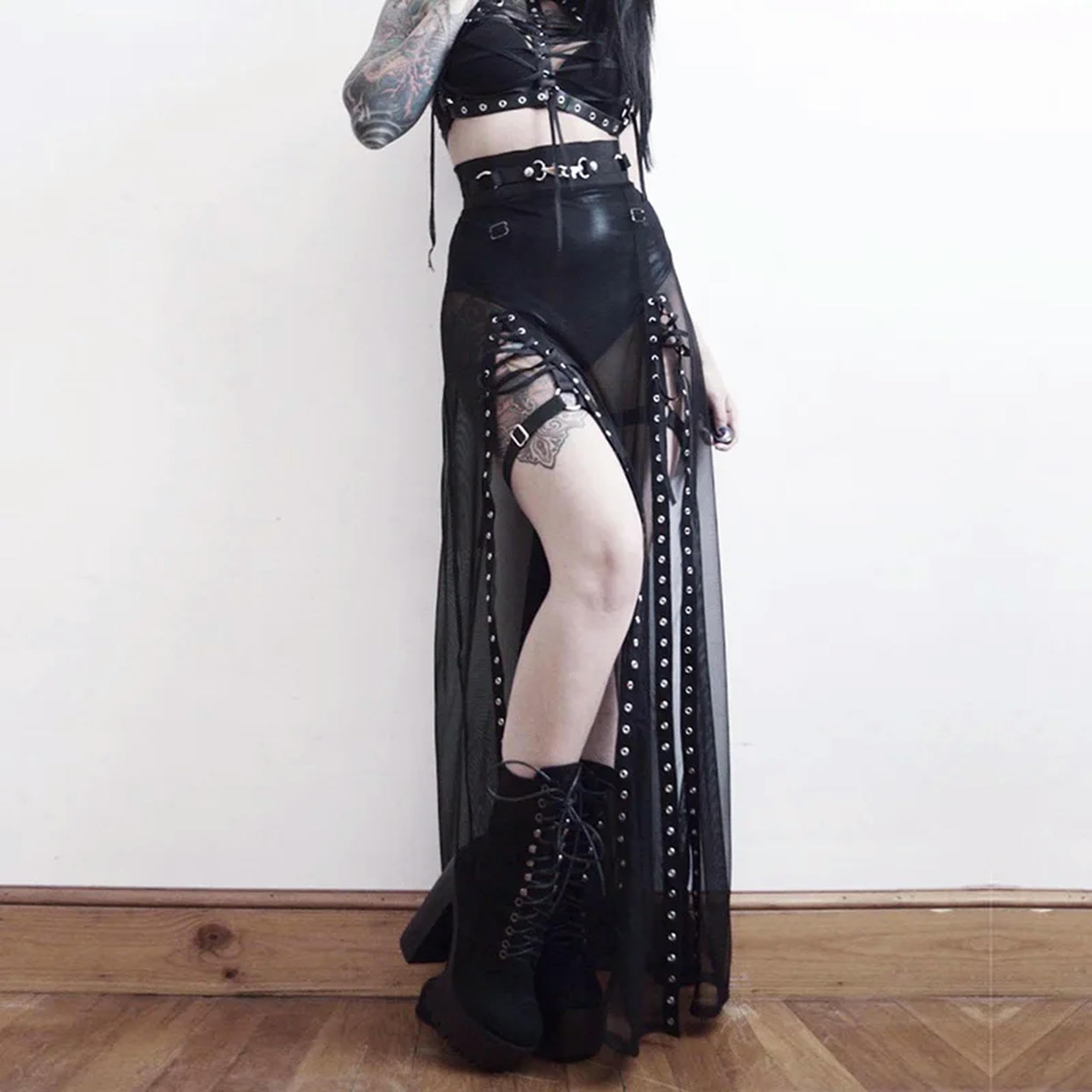 Falda Negra Punk Harajuku con Agujeros, Falda Larga gótica con Ojales y Retazos, Falda de Verano, Negra, S