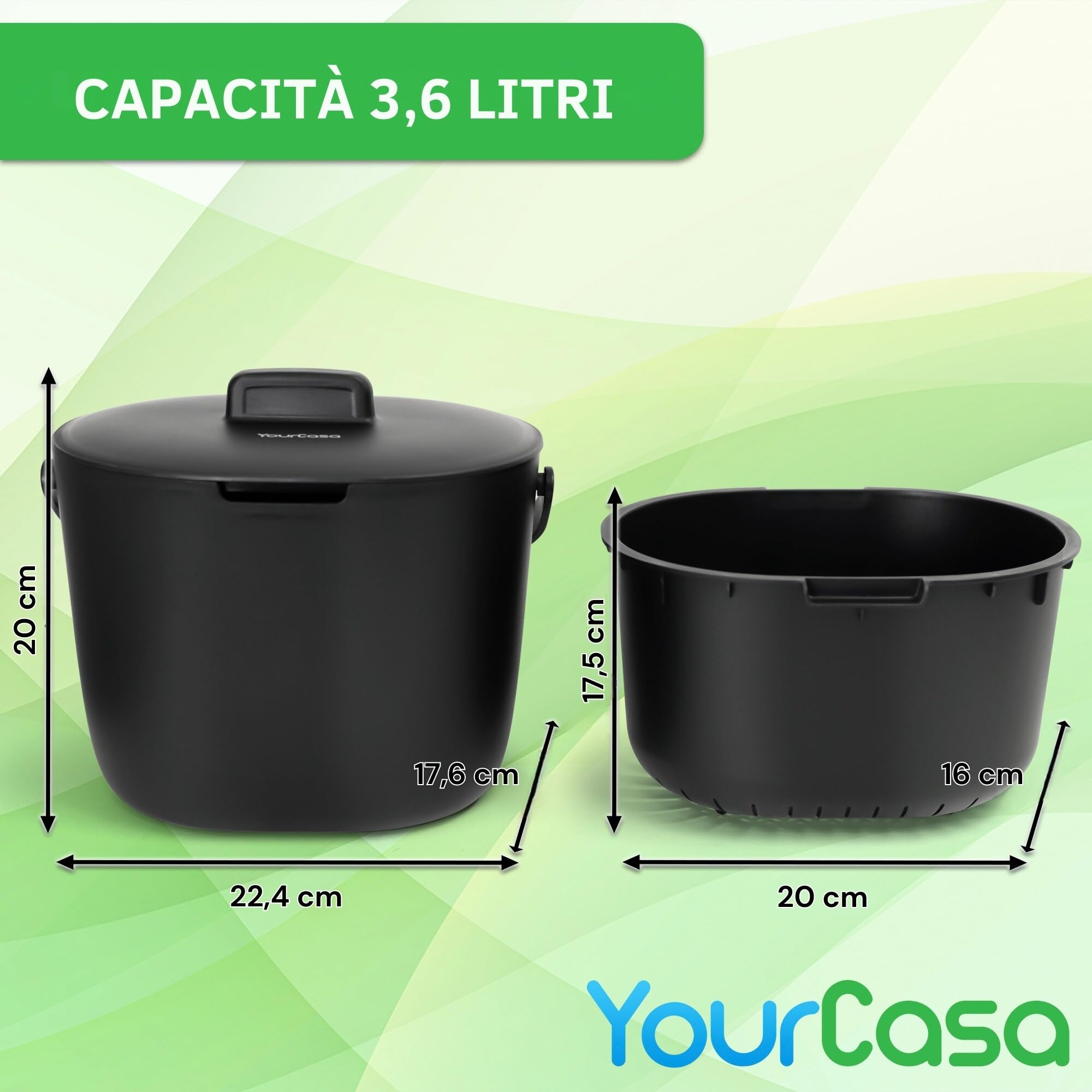 YourCasa Biomülleimer Cucina 3,6L - Compostiera per Rifiuti Biologici Quotidiani, Contenitore Lavabile in Lavastoviglie - Ermetico con Filtro & Manico Ergonomico - Piccolo Bio Bidone per Compost