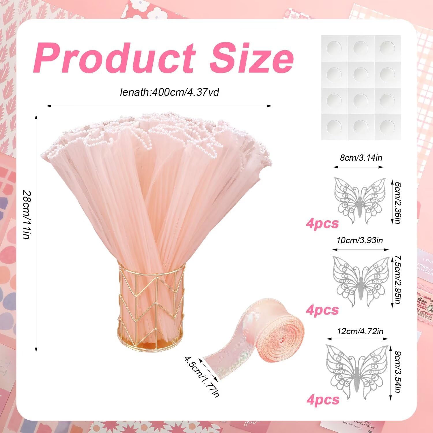 PEUTIER Flower Wrapping Paper, 4.37 Yard Wave Yarn Flower Wrapping Mesh Waterproof Wrapping Paper Floral Packing Net for Flower Shop Supplies Fresh Flowers (Pink)