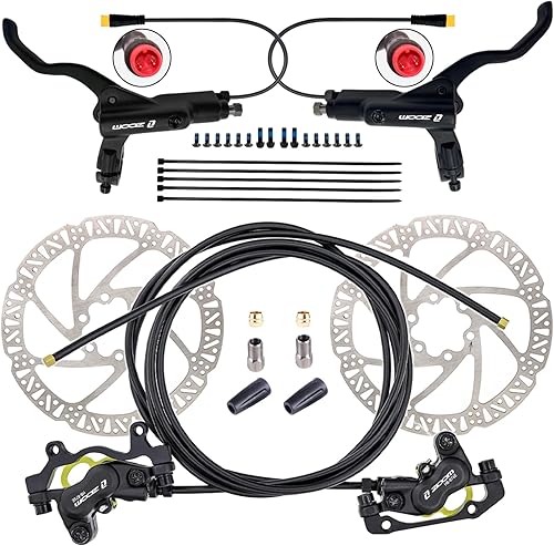 Zoom HB876E - Juego de frenos hidráulicos de apagado eléctrico de 2 pines/3 pines de 4 pistones para bicicleta eléctrica con rotores de 7.087 in,