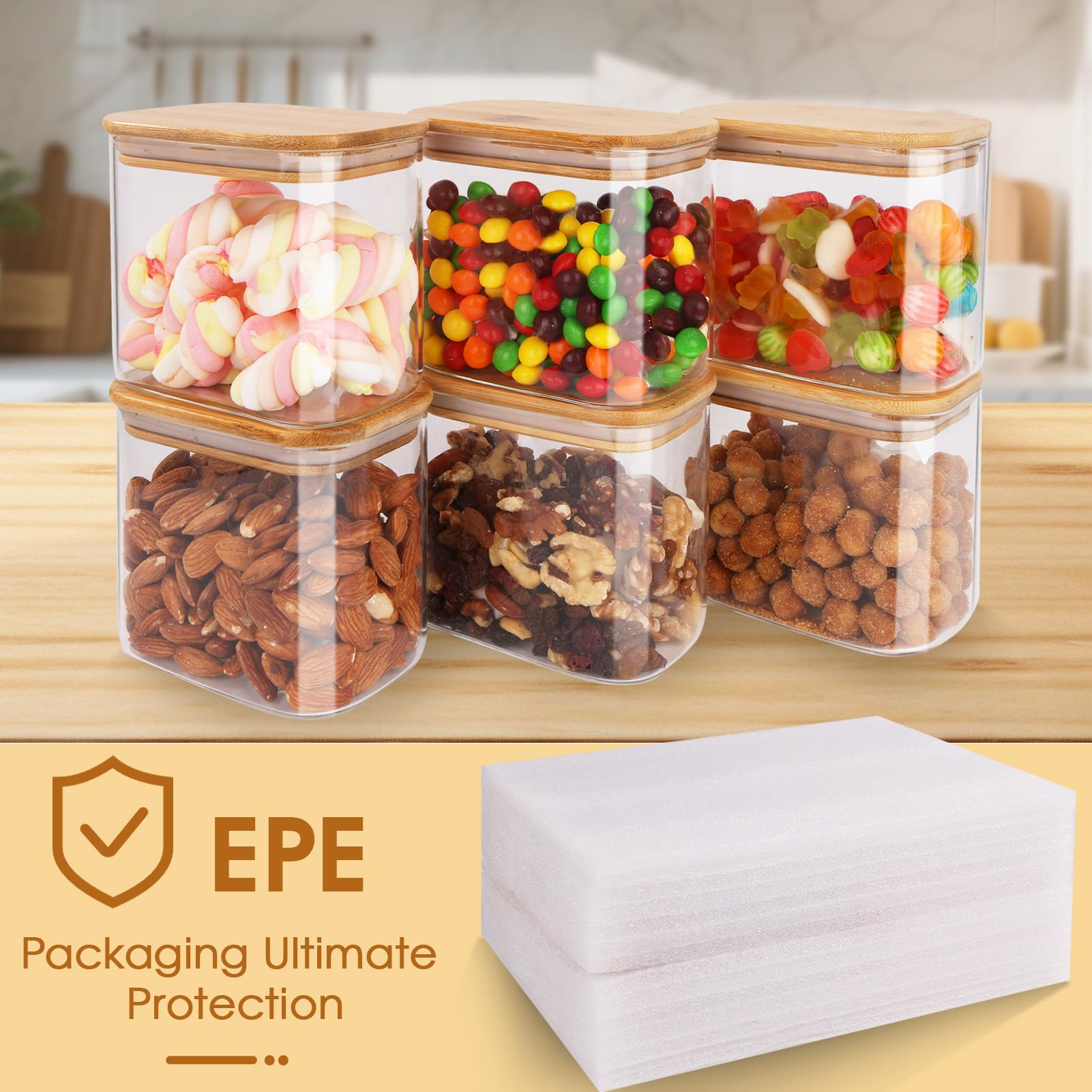 FoiiLiio 800 ML Rettangolari Barattoli Vetro con Coperchio Set di 6 Barattolo vetro con Coperchio in Bambù Barattoli Cucina vetro Ermetici per Spezie, Noci, Cereali -Φ12x8x10cm