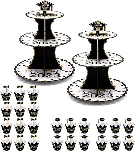 Class of 2023 - Juego de soportes de cartón para magdalenas, 26 unidades, color negro, dorado, blanco, de 3 niveles, para magdalenas, forros para